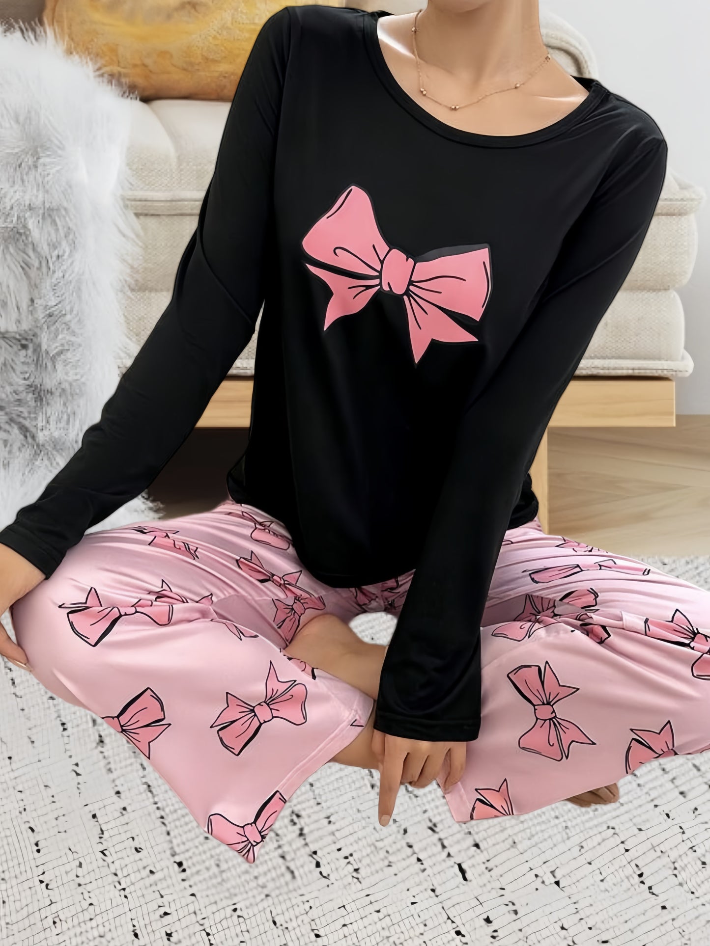Women'S Bow Printed Pajama Set, Round Neck Long Sleeve Top And Elastic Pants Casual Two Piece Set, Stretch Polyester Blend, Machine Washable