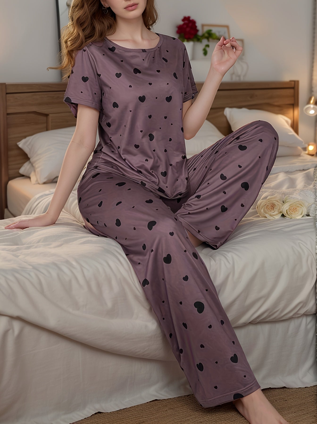 [Cozy Heart Pajama] Soft Women's Cozy Heart Print Pajama Set - Purple Short Sleeve Lounge Wear | Ruffled Hem, Casual Bow Detail, Relaxed Fit | Smooth Texture Fabric