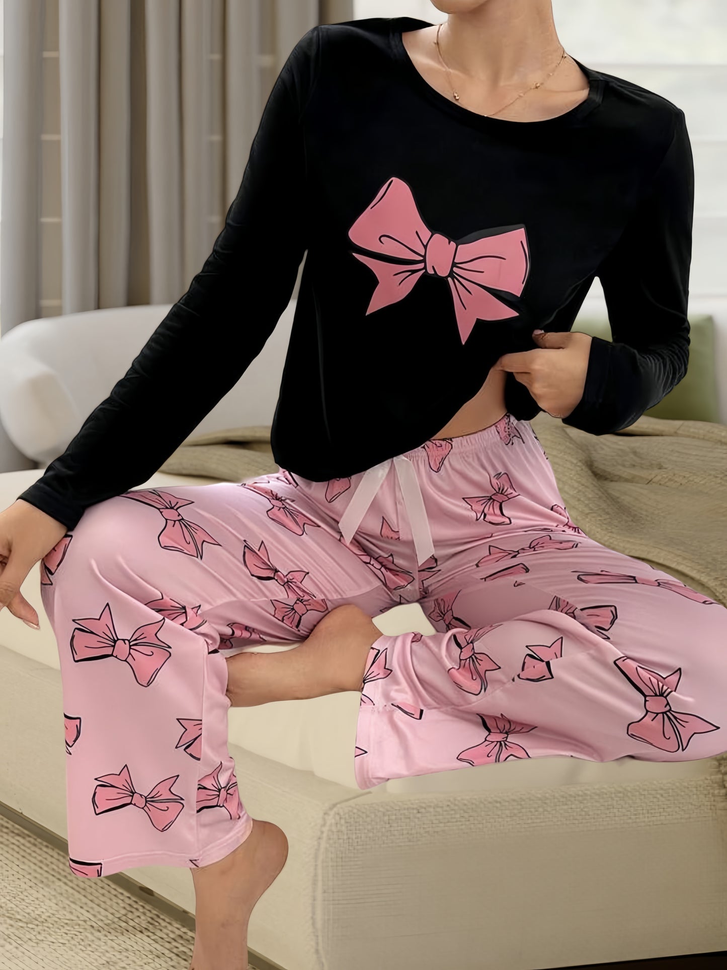 Women'S Bow Printed Pajama Set, Round Neck Long Sleeve Top And Elastic Pants Casual Two Piece Set, Stretch Polyester Blend, Machine Washable