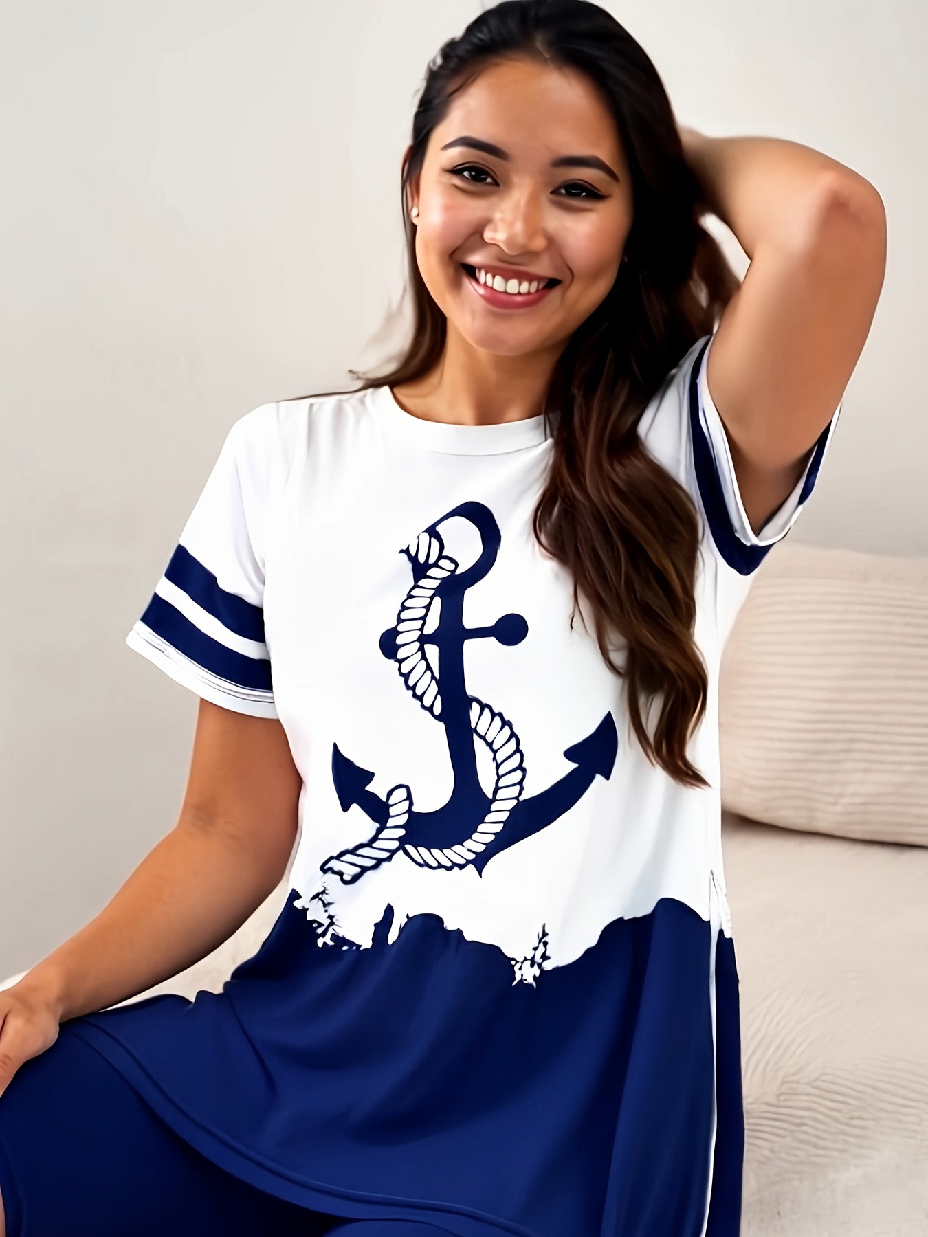Women's Casual Navy Anchor Print Short Sleeve Top and Shorts Loungewear Set, Split Side Fashionable Short Sleeve Top with Slim Fit Pants Comfortable Regular Leisure Pajama Suit