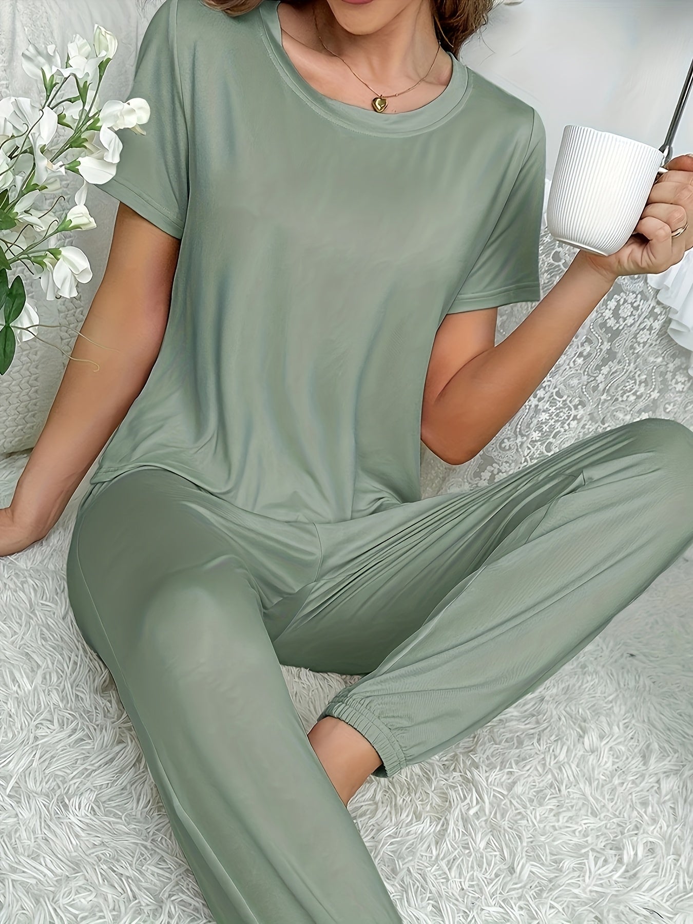Ladies' New Style Four-piece Home Wear, Solid-color Simple Short-sleeved Top And Long Pants Set, Casual And Comfortable Pajamas