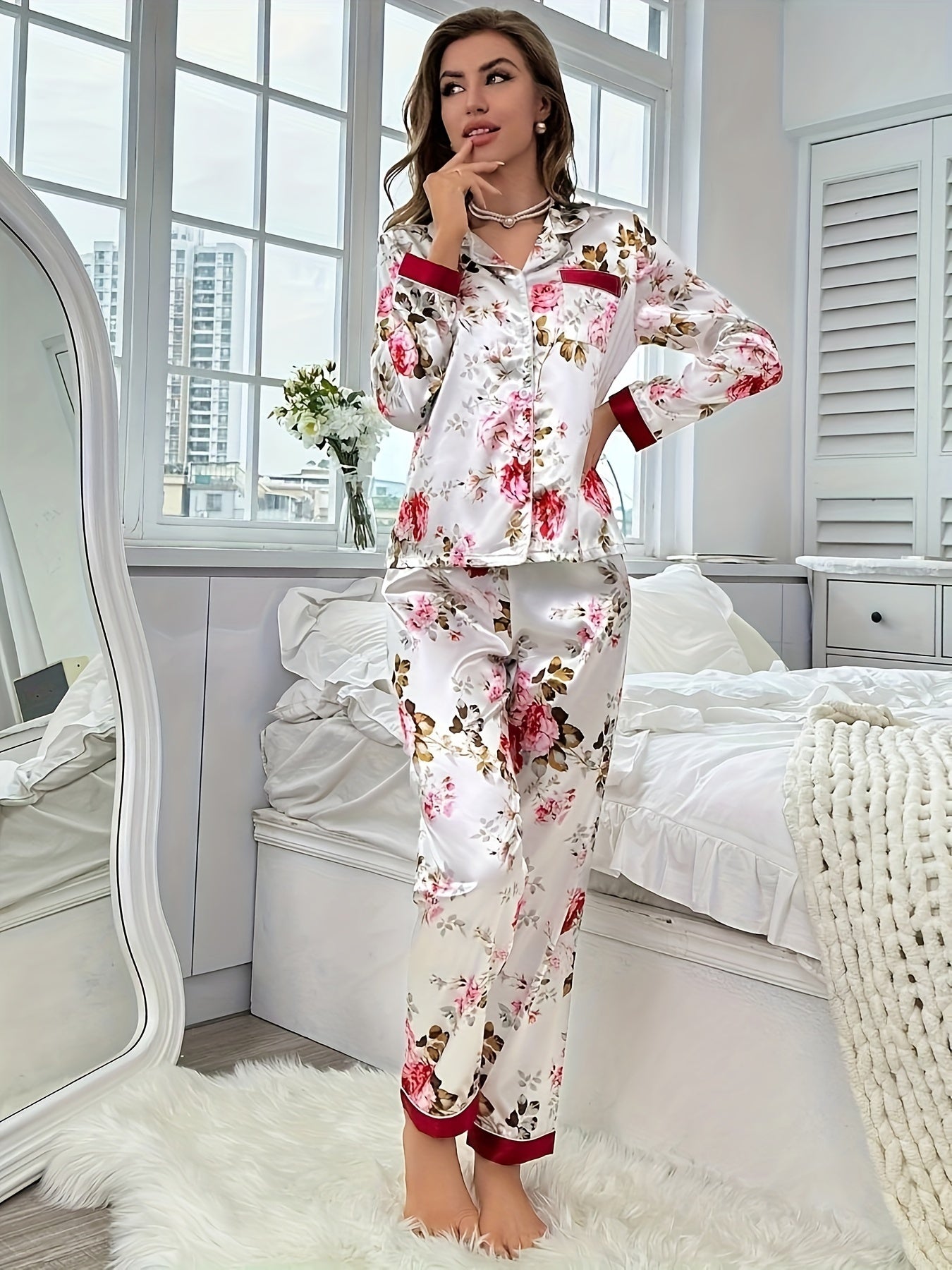 Long Sleeve Satin Color-Blocked Floral Print Autumn Pajama Set Long Pants
