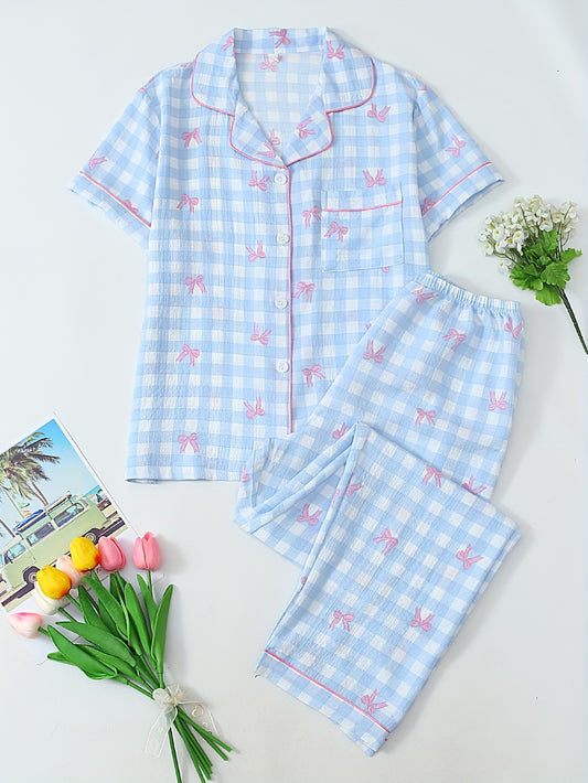 [2-Piece Plaid Pajama Set] Women's Two-Piece Pajama Set | Short-Sleeve Button-Up Shirt & Long Pants | Plaid Bow Print | Spring, Summer, Autumn Casual Home Wear