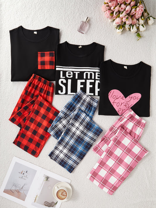 [New 6-Piece Pajama Set] New Women's Six-Piece Casual Pajama Set | Letter Print Long & Short Sleeve Tops with Plaid Pants Sleepwear Outfit