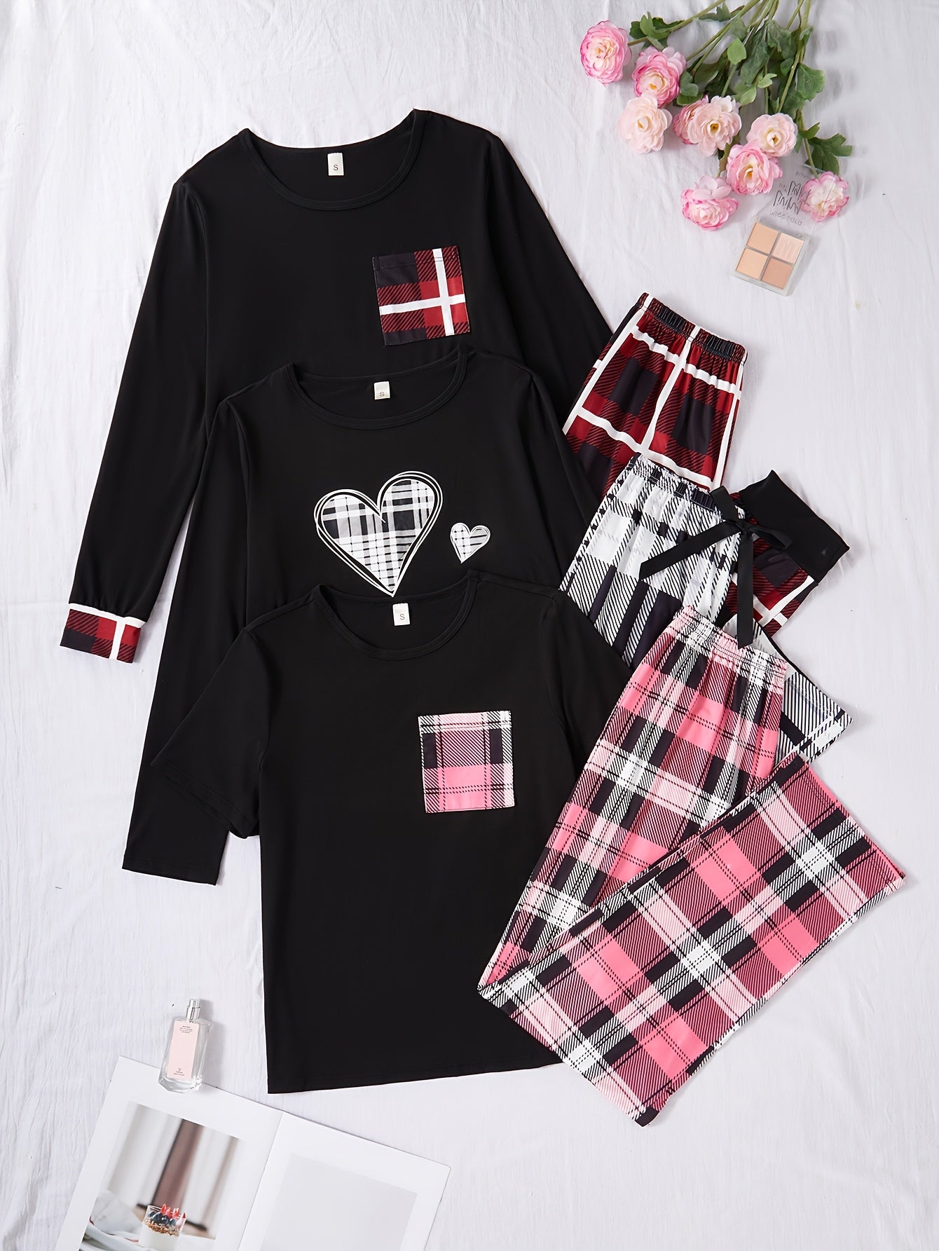 Women'S New Six-Piece Set Casual Home Wear Heart Print Pockets Long Sleeve Short Sleeve Top Plaid Pants Pajama Set