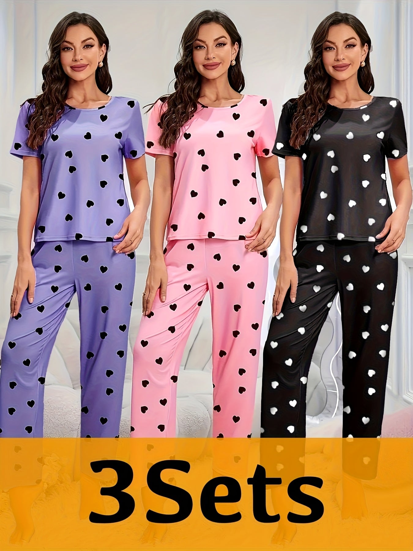 6pieces Sets Women'S Heart Print Pajamas Set, Casual Comfortable Short Sleeve T-Shirt & Elastic Waist Trousers Pj Set, Ladies Sleepwear For All Seasons