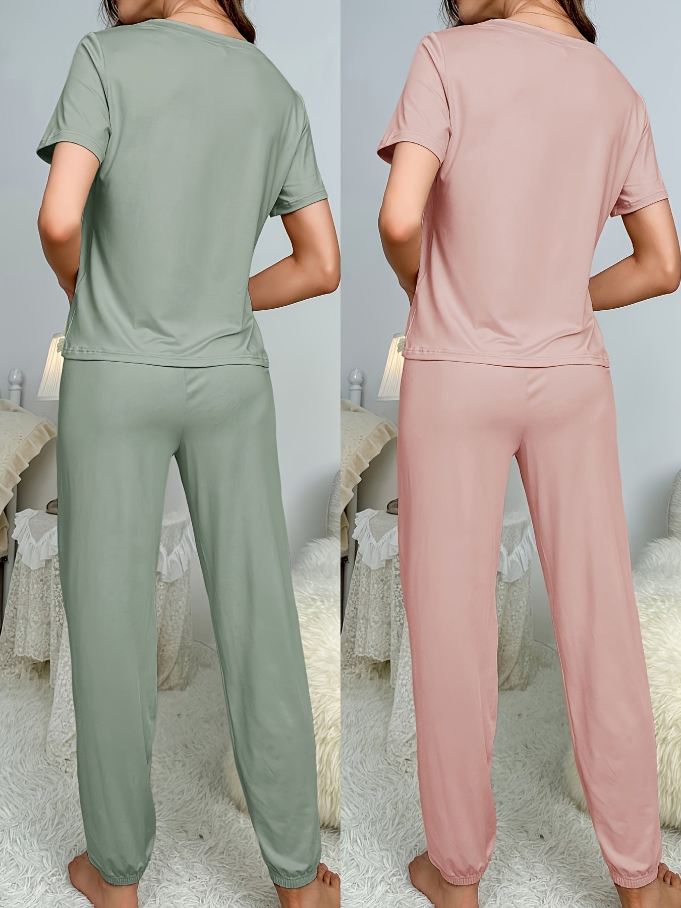 Ladies' New Style Four-piece Home Wear, Solid-color Simple Short-sleeved Top And Long Pants Set, Casual And Comfortable Pajamas