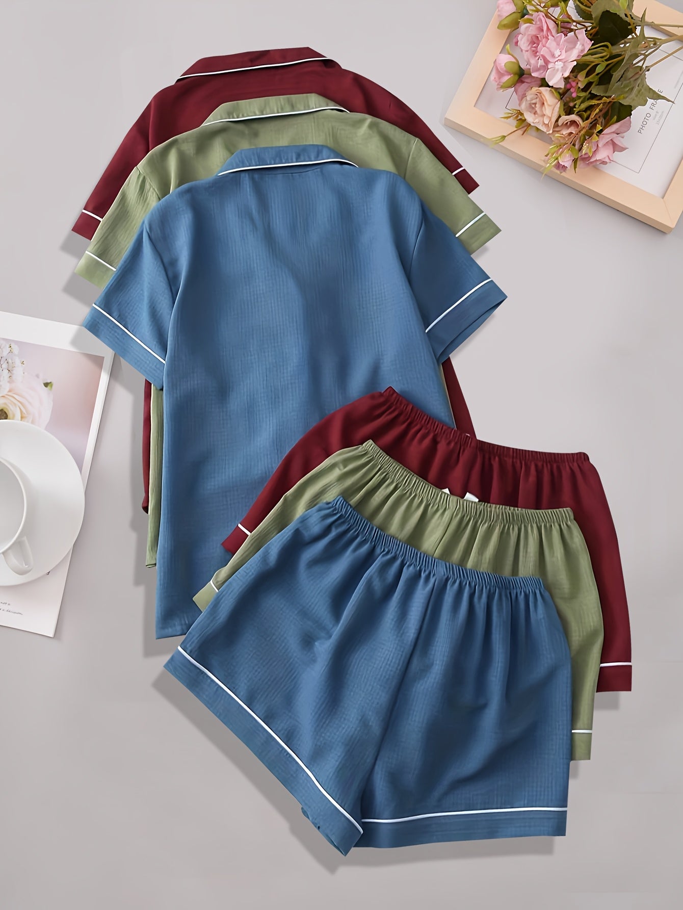 Three-Piece Pajama Set for Women with a Collar, Short Sleeves, And Shorts, Featuring a Heart Bow Design for Casual Home Wear.