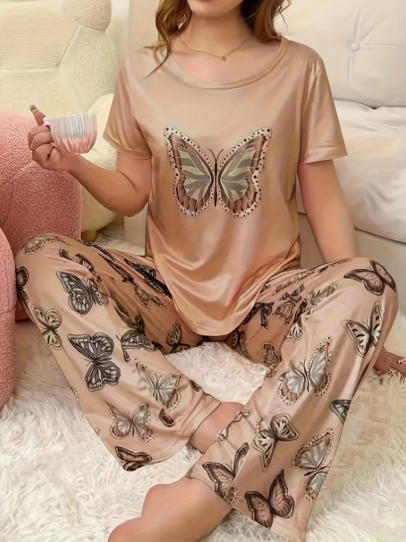 2pcs Women'S Pajama Set With Butterfly Pattern Top And Pants