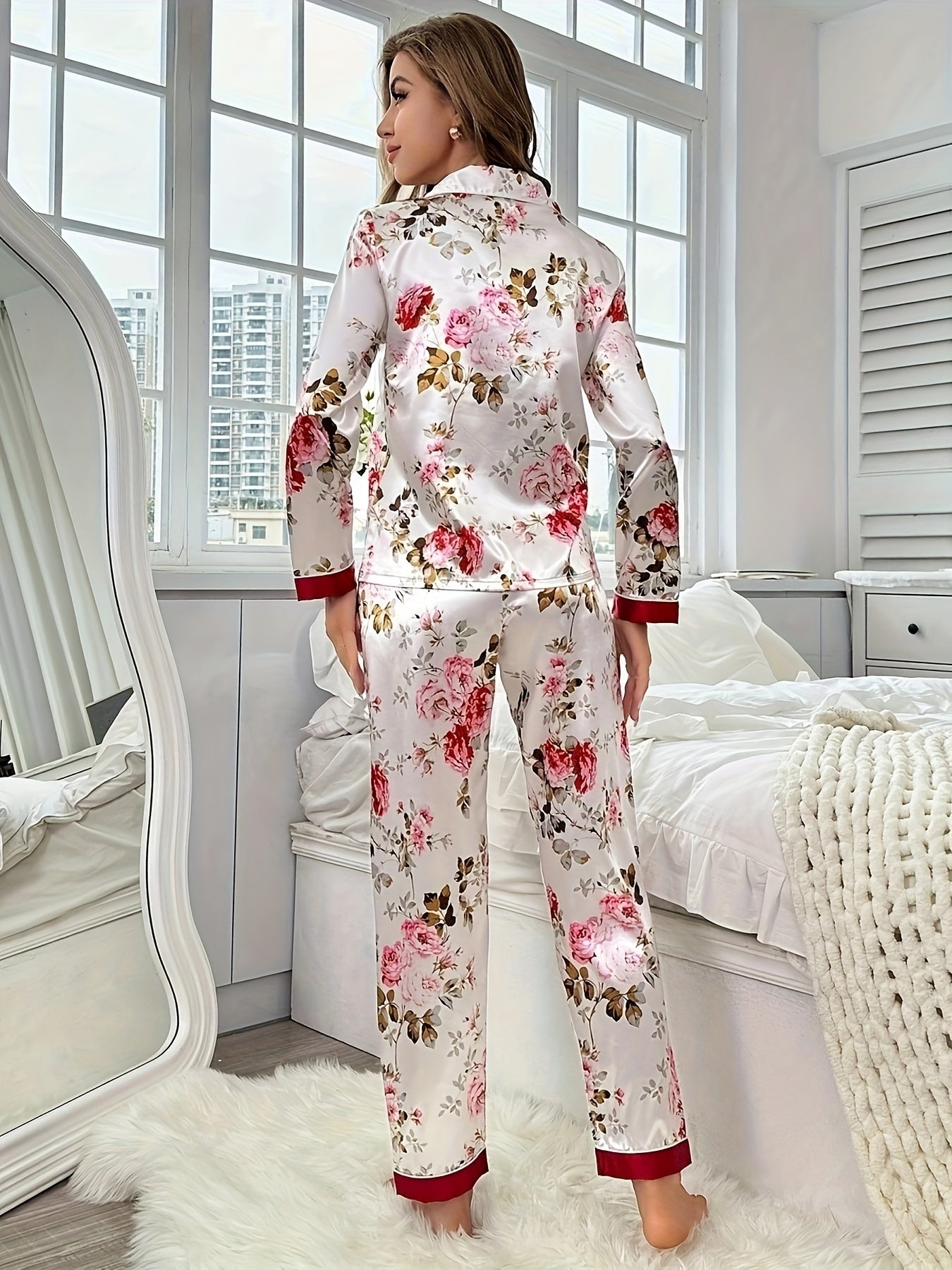 Long Sleeve Satin Color-Blocked Floral Print Autumn Pajama Set Long Pants