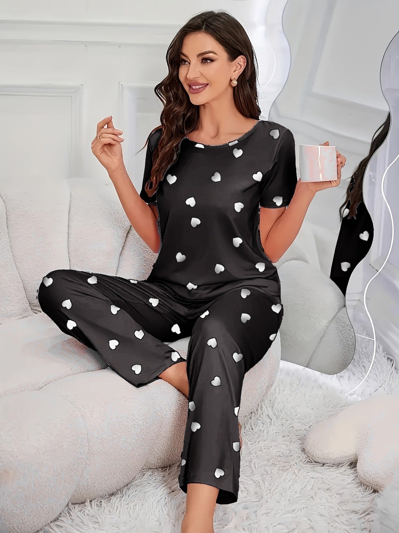 6pieces Sets Women'S Heart Print Pajamas Set, Casual Comfortable Short Sleeve T-Shirt & Elastic Waist Trousers Pj Set, Ladies Sleepwear For All Seasons