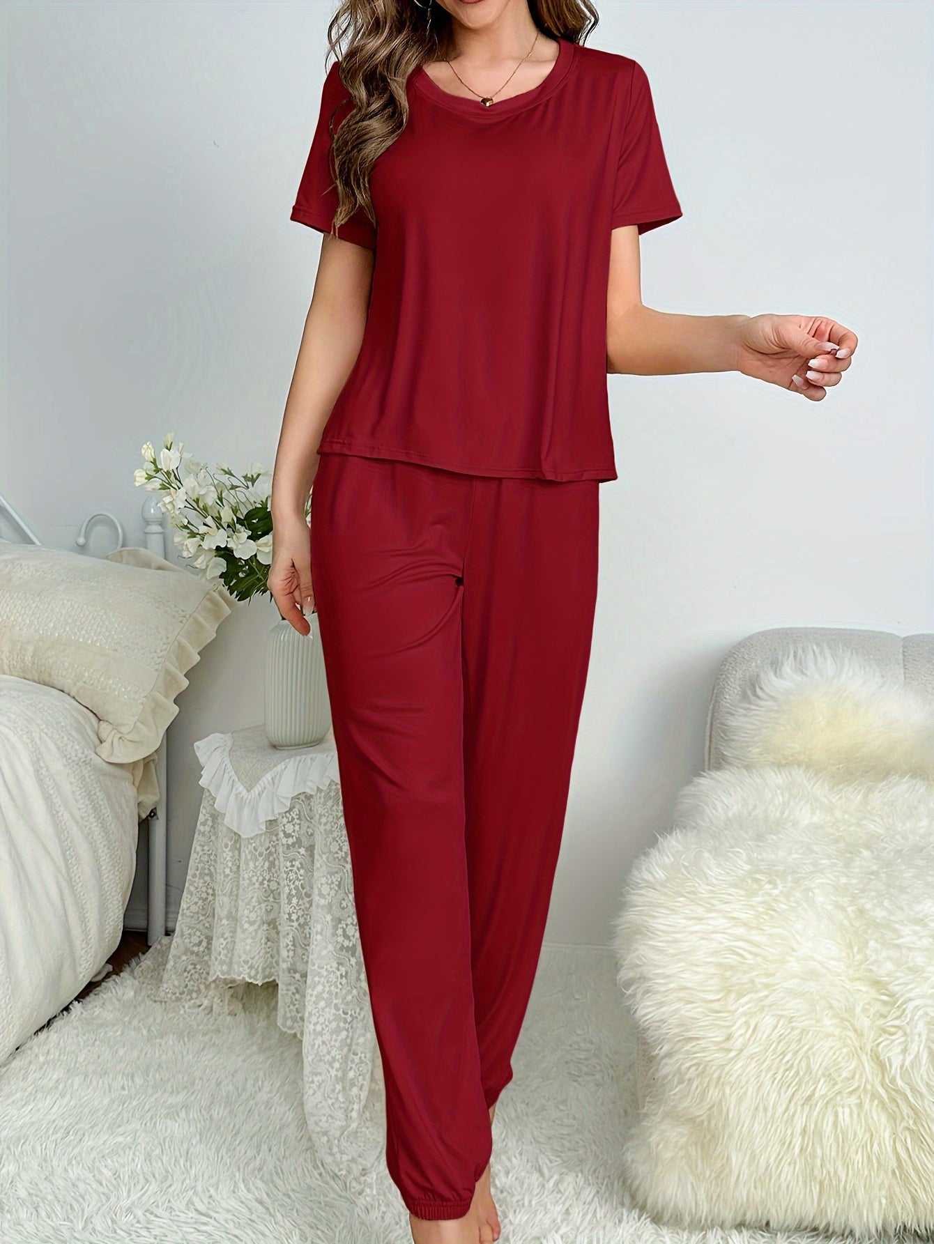 3 Sets of 6pcs, Women'S Casual Polyester Black, Blue, Red Top And Trousers Pajama Set, Solid Color, Fabric, Short Sleeve Top with Trousers Comfortable Home Casual Loungewear Sexy Can Be Worn Outside