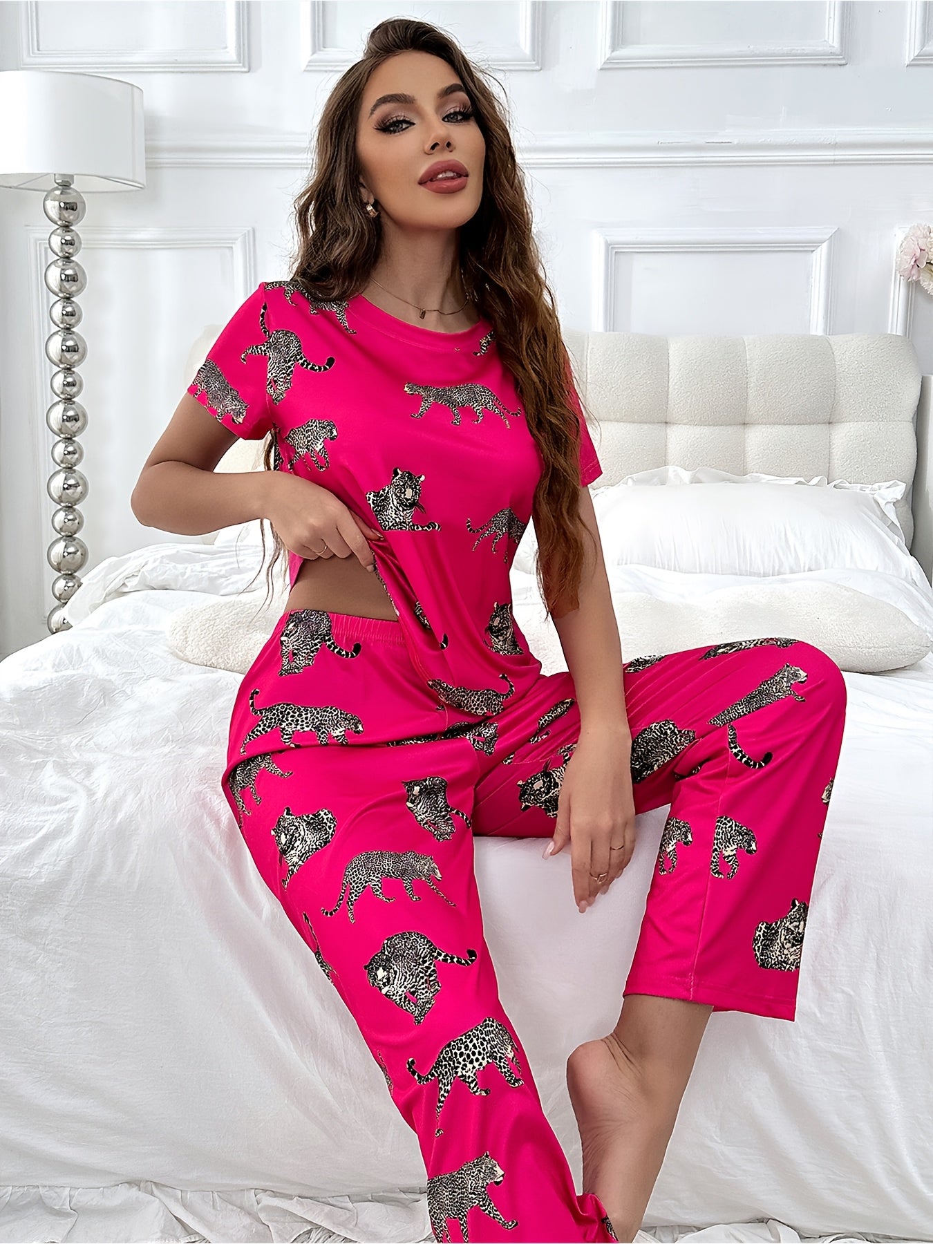 Spring, Summer and Autumn Winter Women's Pajamas Cartoon Animal Tiger Short Sleeve Long Pants Home Clothes Set