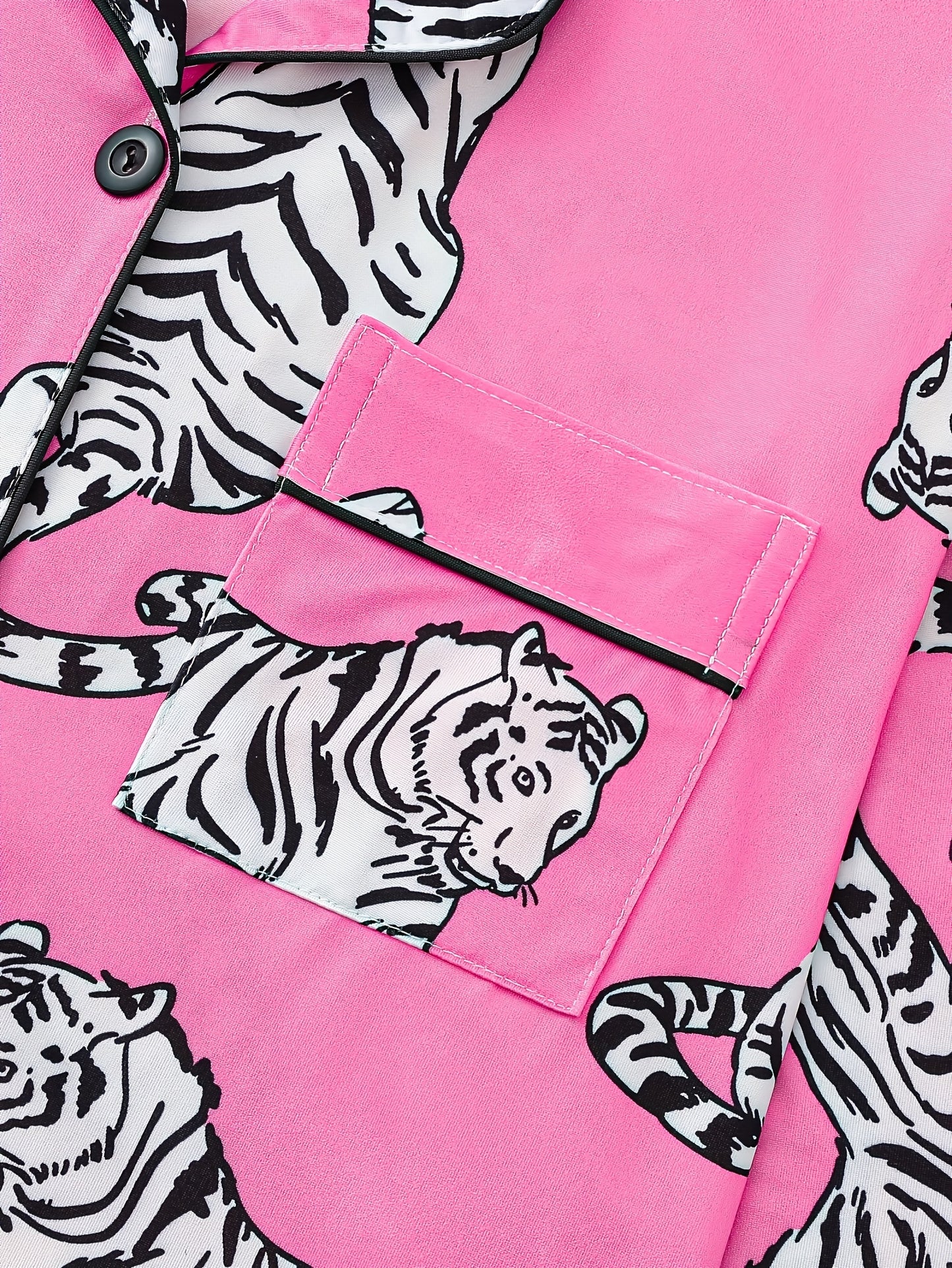 Two Piece Elegant Women's Sleepwear Set, Comfortable Fabric, Long Sleeved Button Up Top, Paired with Matching Pants, Printed All Over, Pocket Details, Suitable for All Season Wear