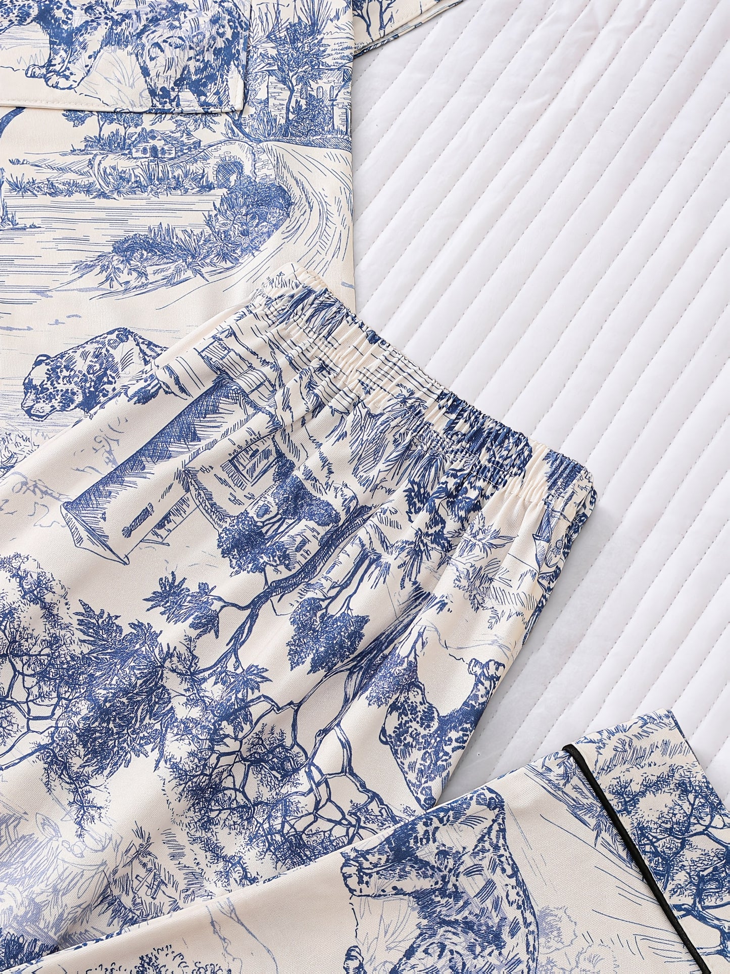 Elegant Women's Sleepwear Set In Two Pieces, Featuring Full Body Printed Patterns, Knitted Fabric, Long Sleeved Button Up Top, Paired with Long Pants for Comfortable Wearing, Collar And Pocket Details, Suitable for Women's Adult Sleepwear Set