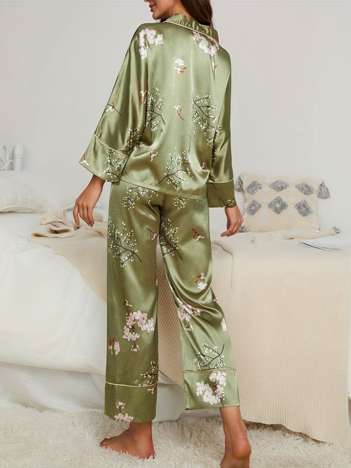 2pcs Women'S Silky Pajama Set, Short Sleeved Shirt Floral Pajama Set, Soft Home Wear Pajama Set