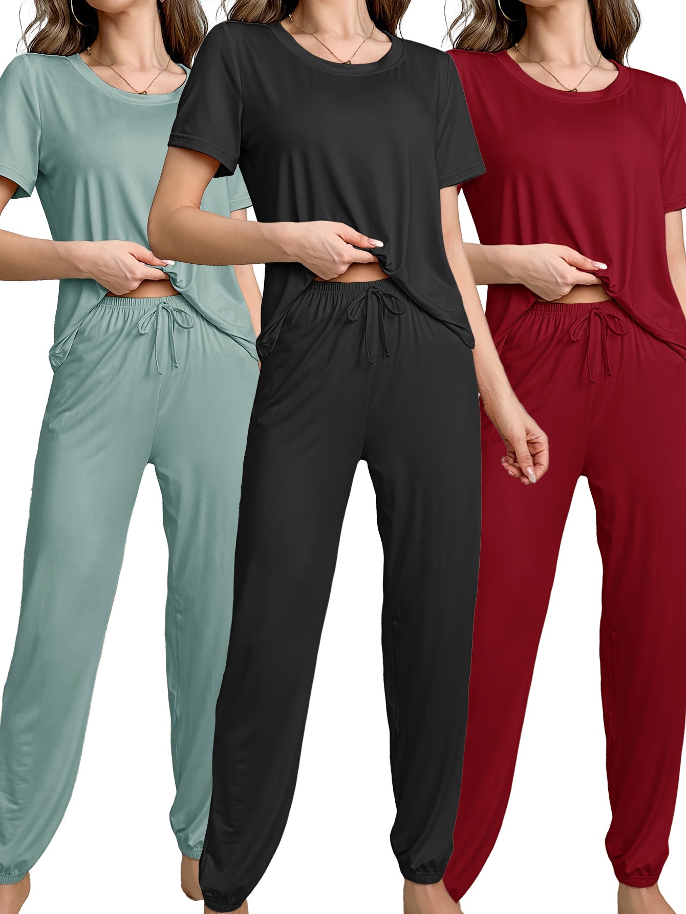 3 Sets of 6pcs, Women'S Casual Polyester Black, Blue, Red Top And Trousers Pajama Set, Solid Color, Fabric, Short Sleeve Top with Trousers Comfortable Home Casual Loungewear Sexy Can Be Worn Outside