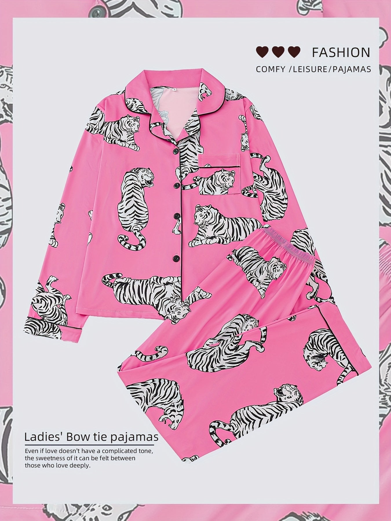 Two Piece Elegant Women's Sleepwear Set, Comfortable Fabric, Long Sleeved Button Up Top, Paired with Matching Pants, Printed All Over, Pocket Details, Suitable for All Season Wear