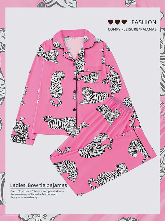 Two Piece Elegant Women's Sleepwear Set, Comfortable Fabric, Long Sleeved Button Up Top, Paired with Matching Pants, Printed All Over, Pocket Details, Suitable for All Season Wear