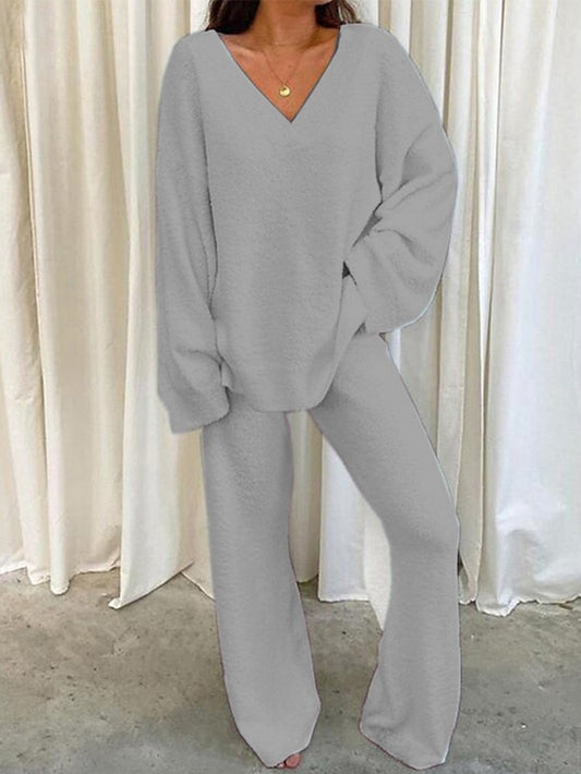 Women'S Winter Two-Piece Set - Soft V-Neck Long Sleeve Top & Wide-Leg Pants, Cozy Solid Color Lounge Wear, All-Season Comfort, Relaxed Fit Casual Home Outfit, Ladies Pajamas, Comfortable Loungewear, Minimalist Design, Durable Loungewear, Comfortable
