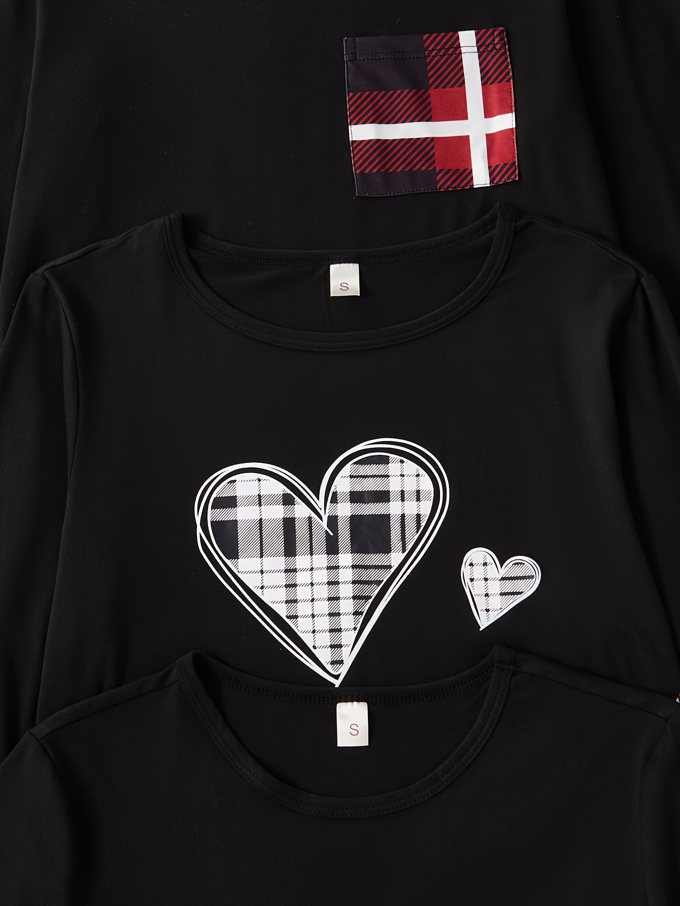 Women'S New Six-Piece Set Casual Home Wear Heart Print Pockets Long Sleeve Short Sleeve Top Plaid Pants Pajama Set