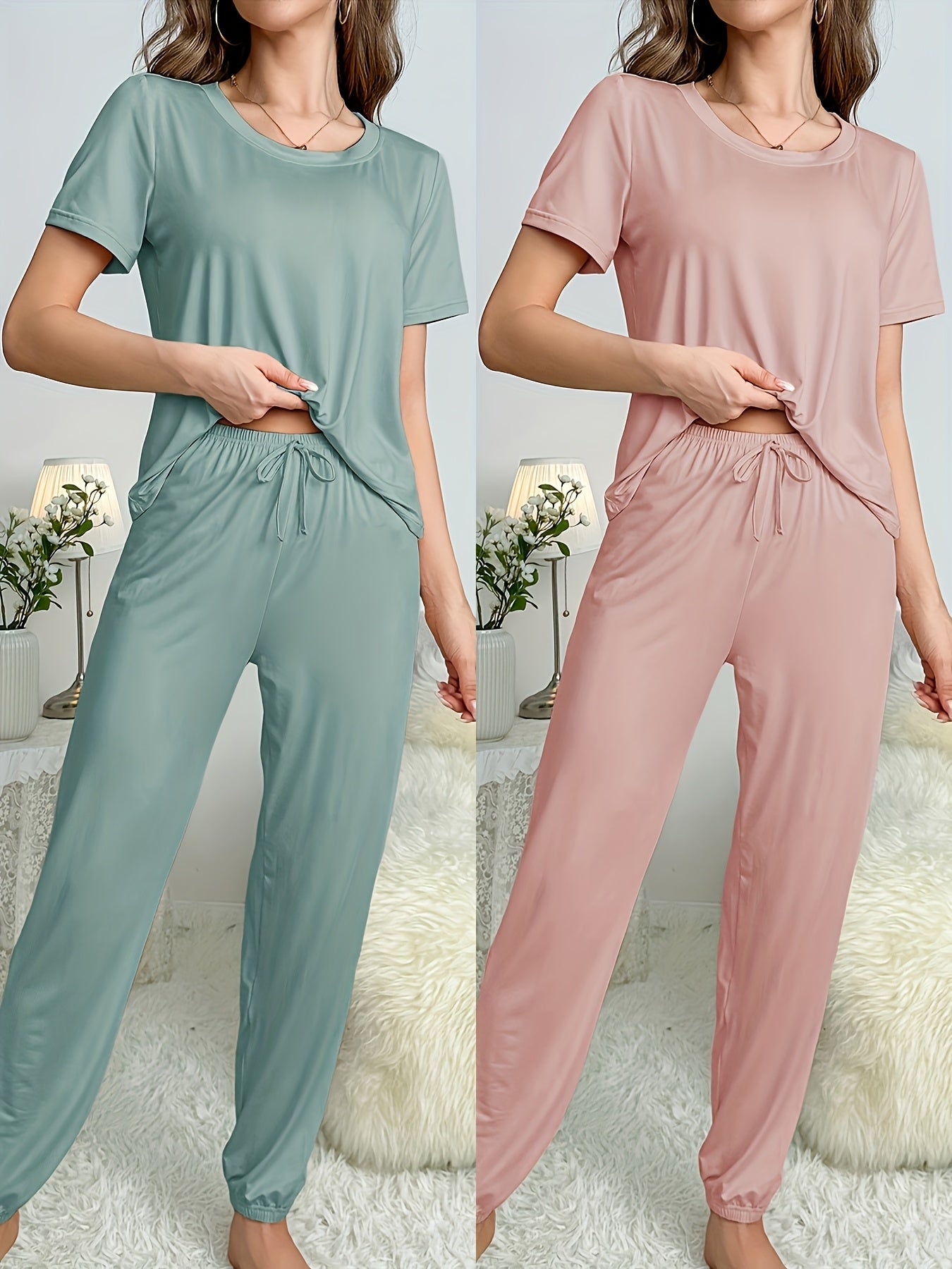 Ladies' New Style Four-piece Home Wear, Solid-color Simple Short-sleeved Top And Long Pants Set, Casual And Comfortable Pajamas