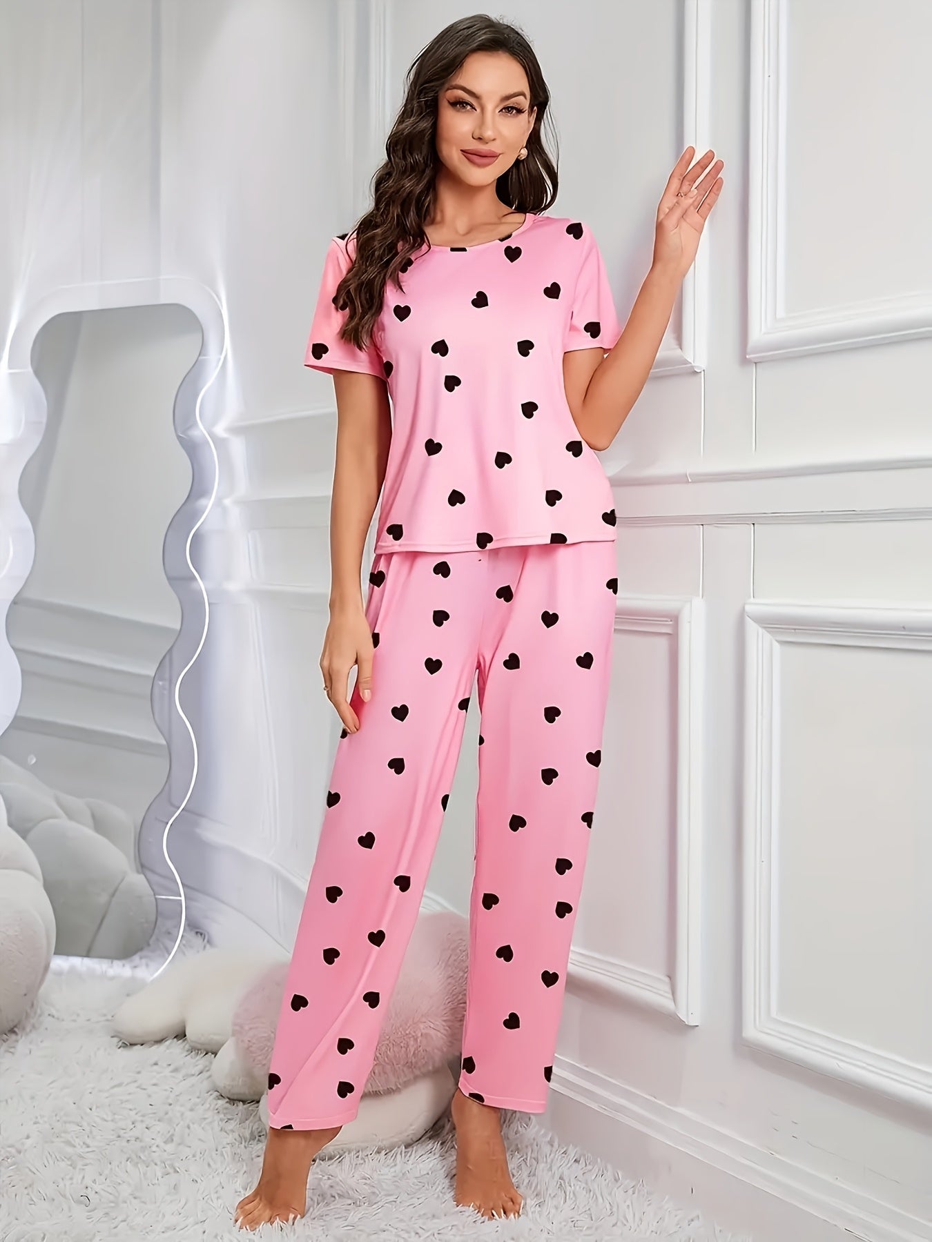 6pieces Sets Women'S Heart Print Pajamas Set, Casual Comfortable Short Sleeve T-Shirt & Elastic Waist Trousers Pj Set, Ladies Sleepwear For All Seasons
