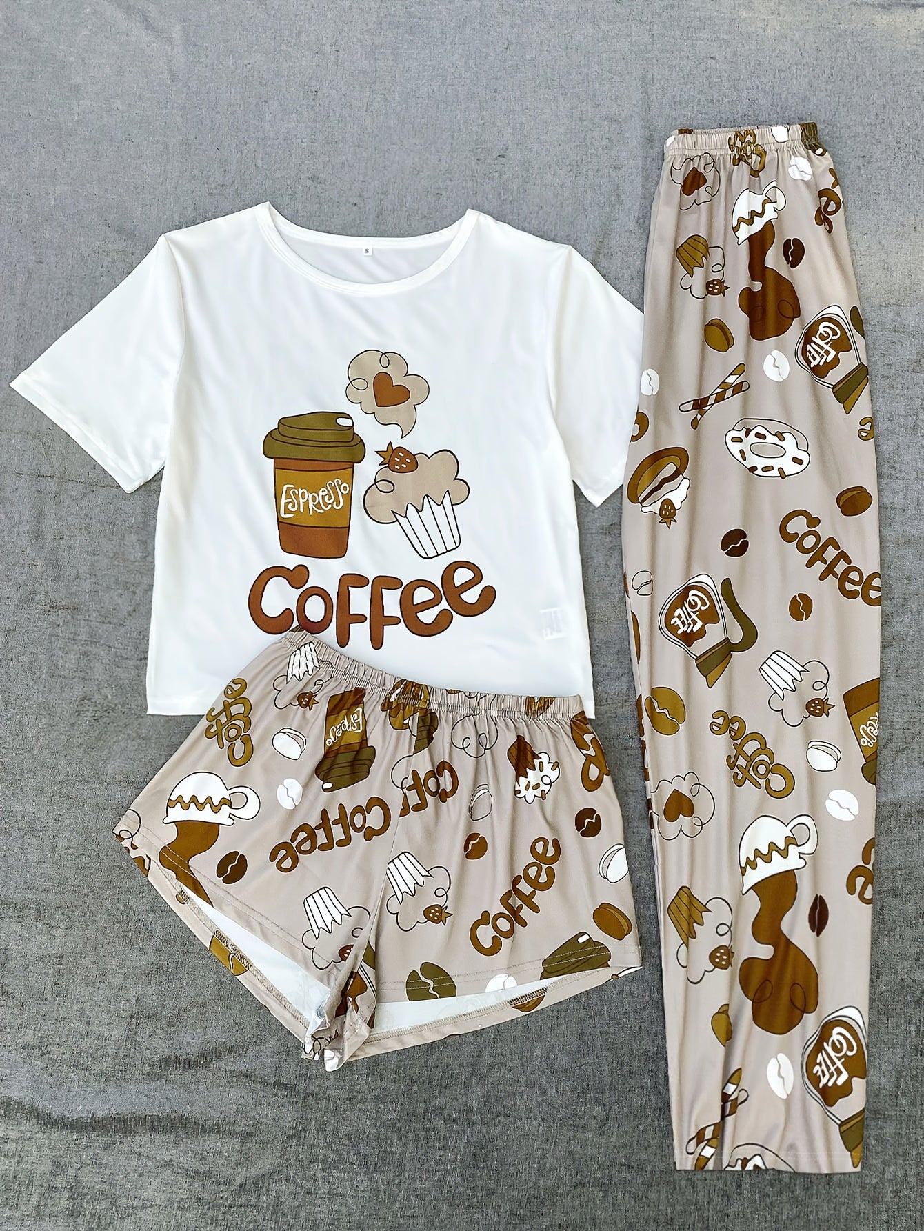 3pcs Women'S Pajama Set, Coffee, Slogan Print, Casual Round Neck, Polyester Knit, Comfortable All-Season Adult Sleepwear, Elegant Home Clothes