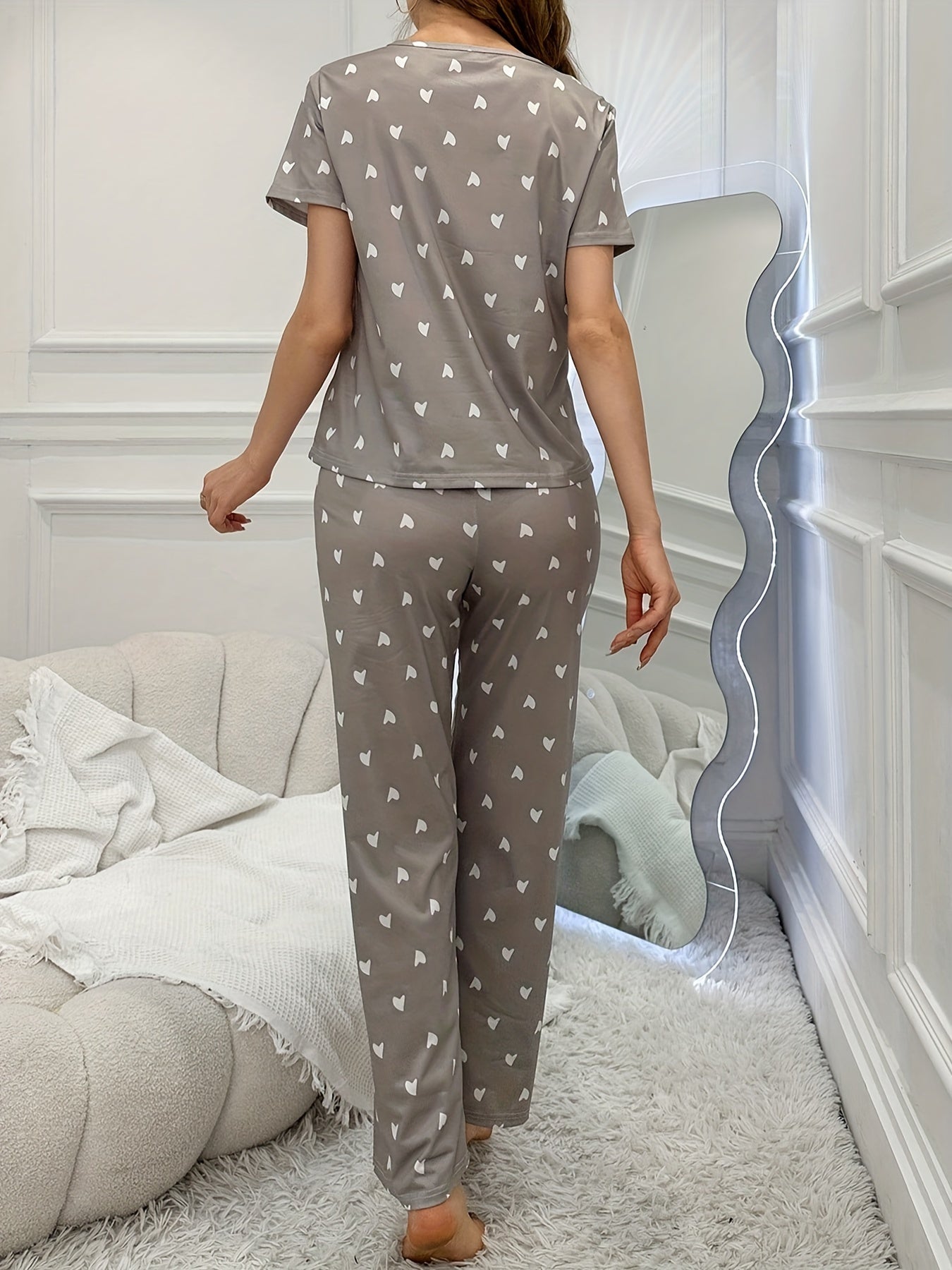 Women's Heart Print Casual Pajama Set, Short Sleeve Round Neck Top & Pants, Comfortable Relaxed Fit Lounge & Sleepwear