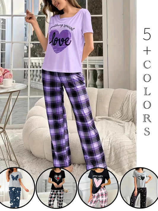 Round Neck Pullover Printed Short-sleeved Trousers Set Home Clothes Can Be Worn Outside