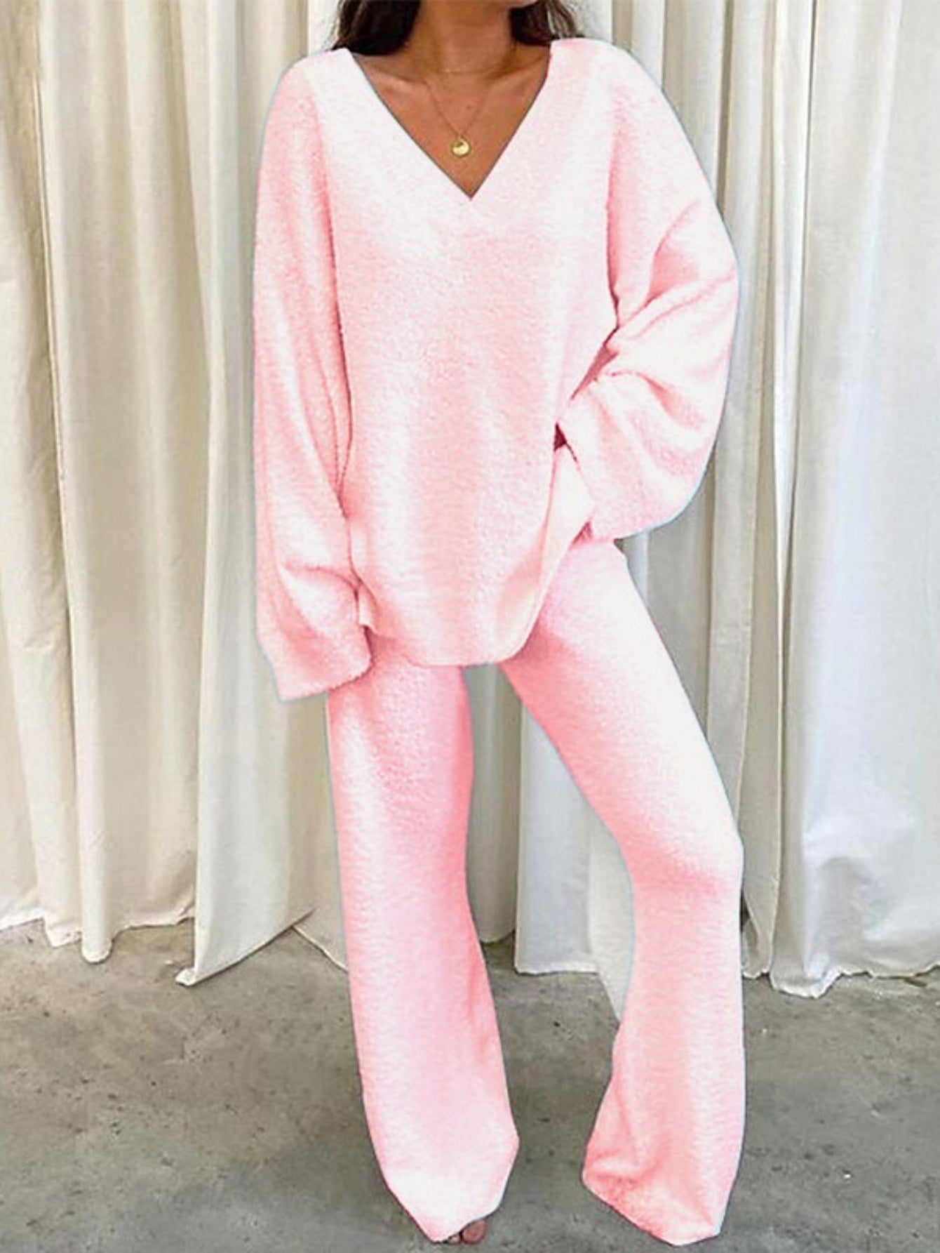 Women'S Winter Two-Piece Set - Soft V-Neck Long Sleeve Top & Wide-Leg Pants, Cozy Solid Color Lounge Wear, All-Season Comfort, Relaxed Fit Casual Home Outfit, Ladies Pajamas, Comfortable Loungewear, Minimalist Design, Durable Loungewear, Comfortable