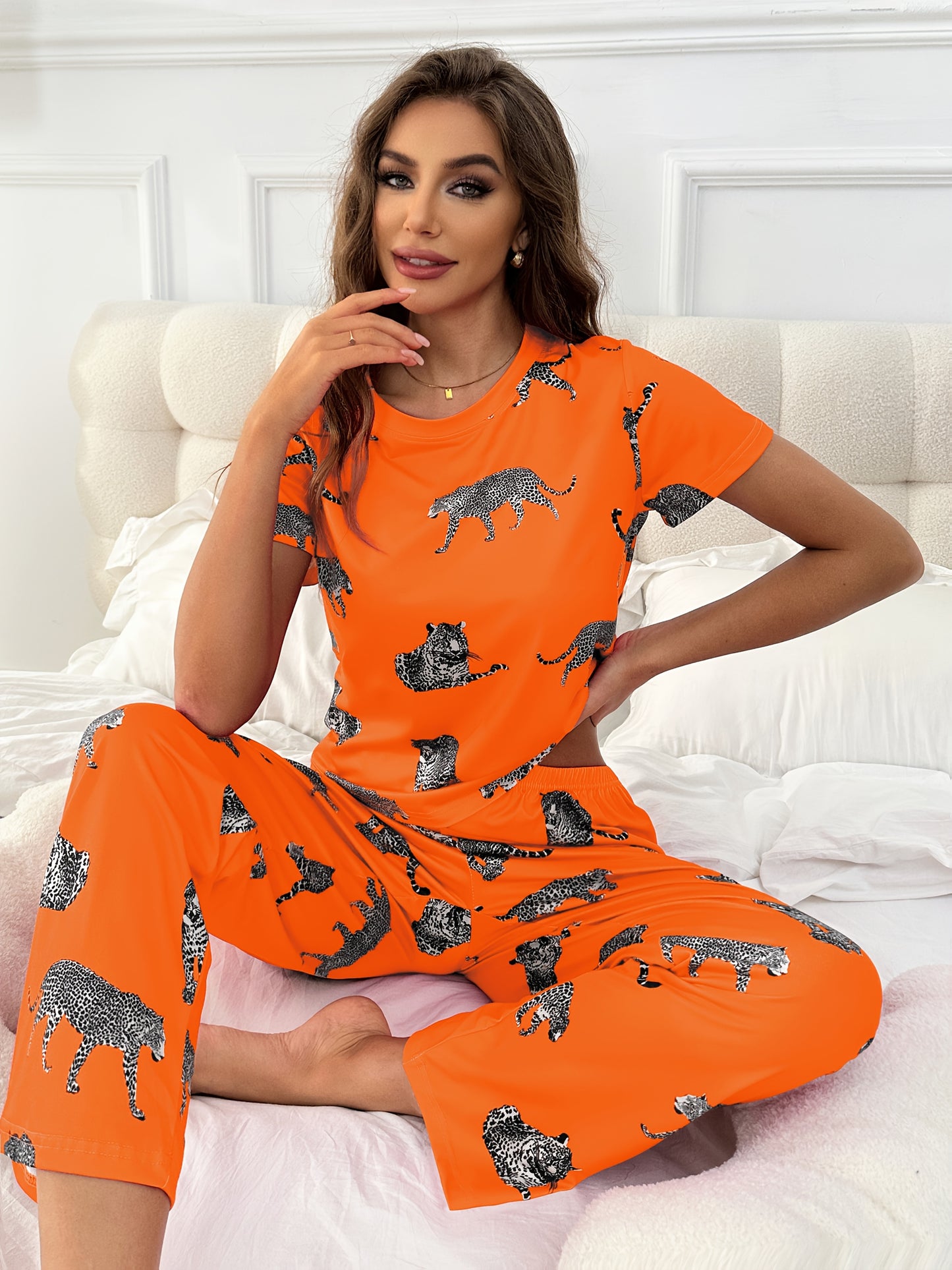 Spring, Summer and Autumn Winter Women's Pajamas Cartoon Animal Tiger Short Sleeve Long Pants Home Clothes Set