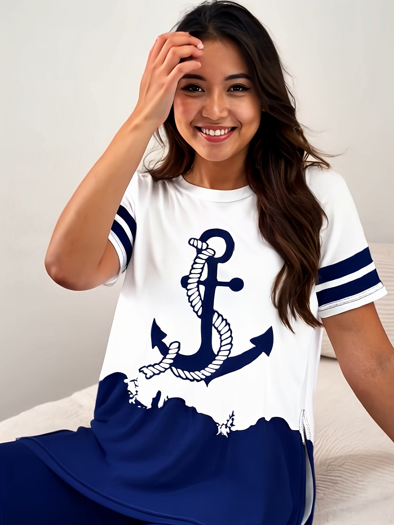 Women's Casual Navy Anchor Print Short Sleeve Top and Shorts Loungewear Set, Split Side Fashionable Short Sleeve Top with Slim Fit Pants Comfortable Regular Leisure Pajama Suit