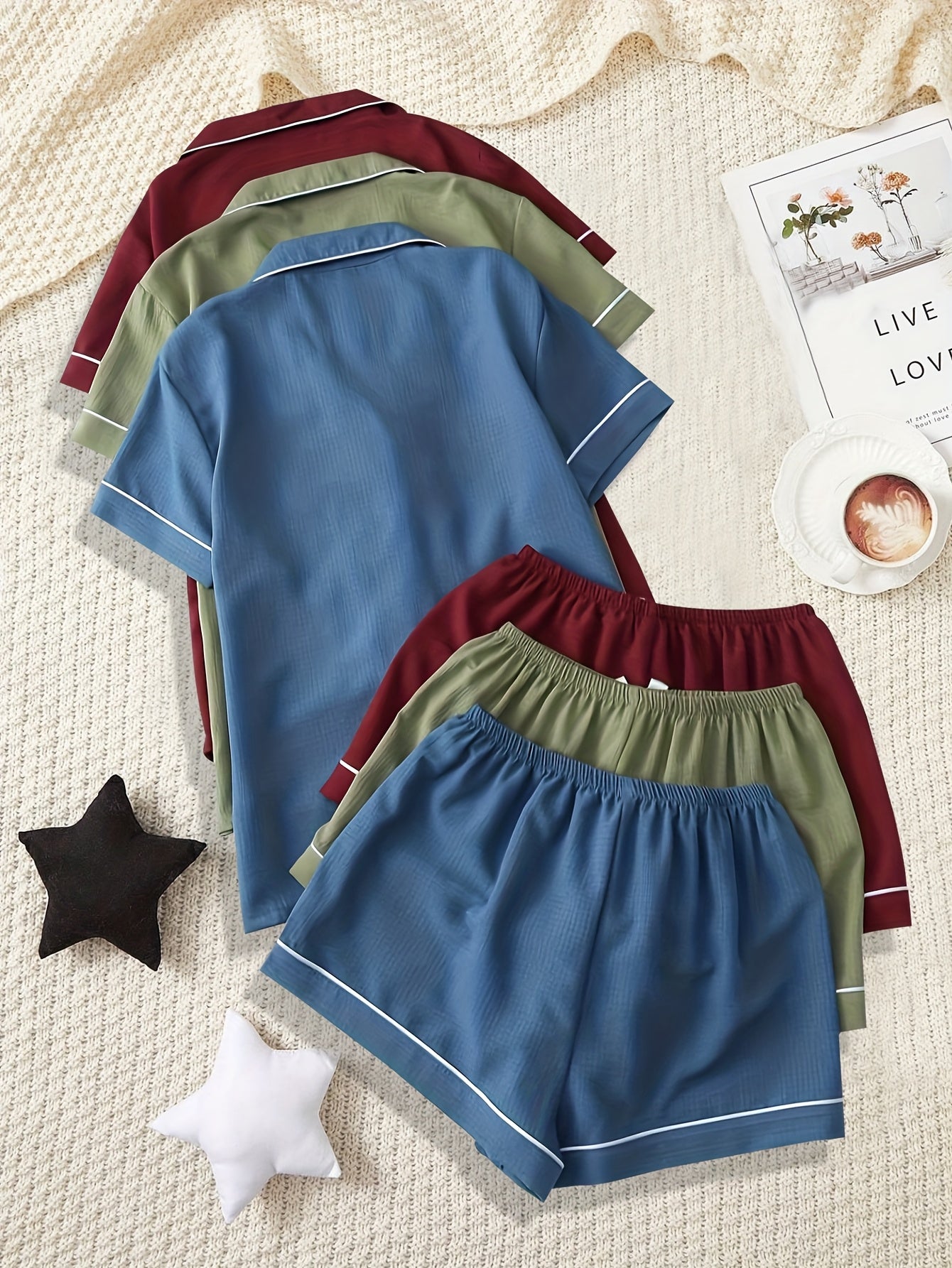 Three-Piece Pajama Set for Women with a Collar, Short Sleeves, And Shorts, Featuring a Heart Bow Design for Casual Home Wear.