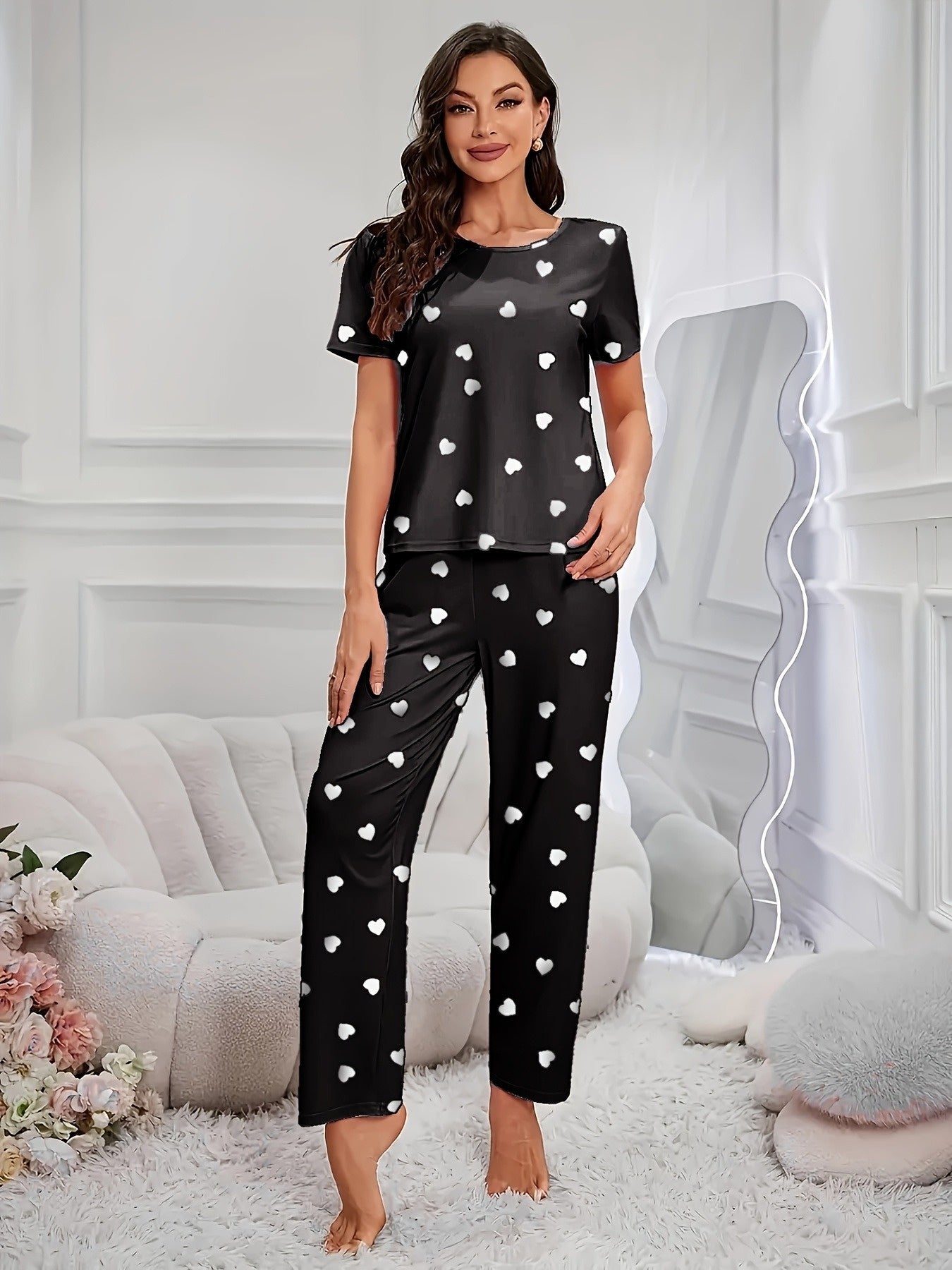 6pieces Sets Women'S Heart Print Pajamas Set, Casual Comfortable Short Sleeve T-Shirt & Elastic Waist Trousers Pj Set, Ladies Sleepwear For All Seasons