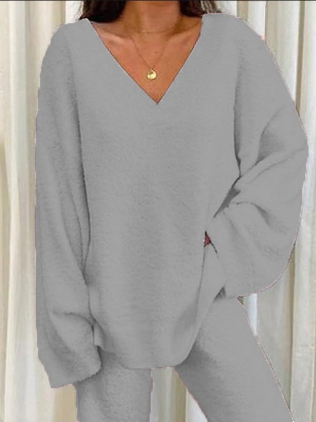 Women'S Winter Two-Piece Set - Soft V-Neck Long Sleeve Top & Wide-Leg Pants, Cozy Solid Color Lounge Wear, All-Season Comfort, Relaxed Fit Casual Home Outfit, Ladies Pajamas, Comfortable Loungewear, Minimalist Design, Durable Loungewear, Comfortable