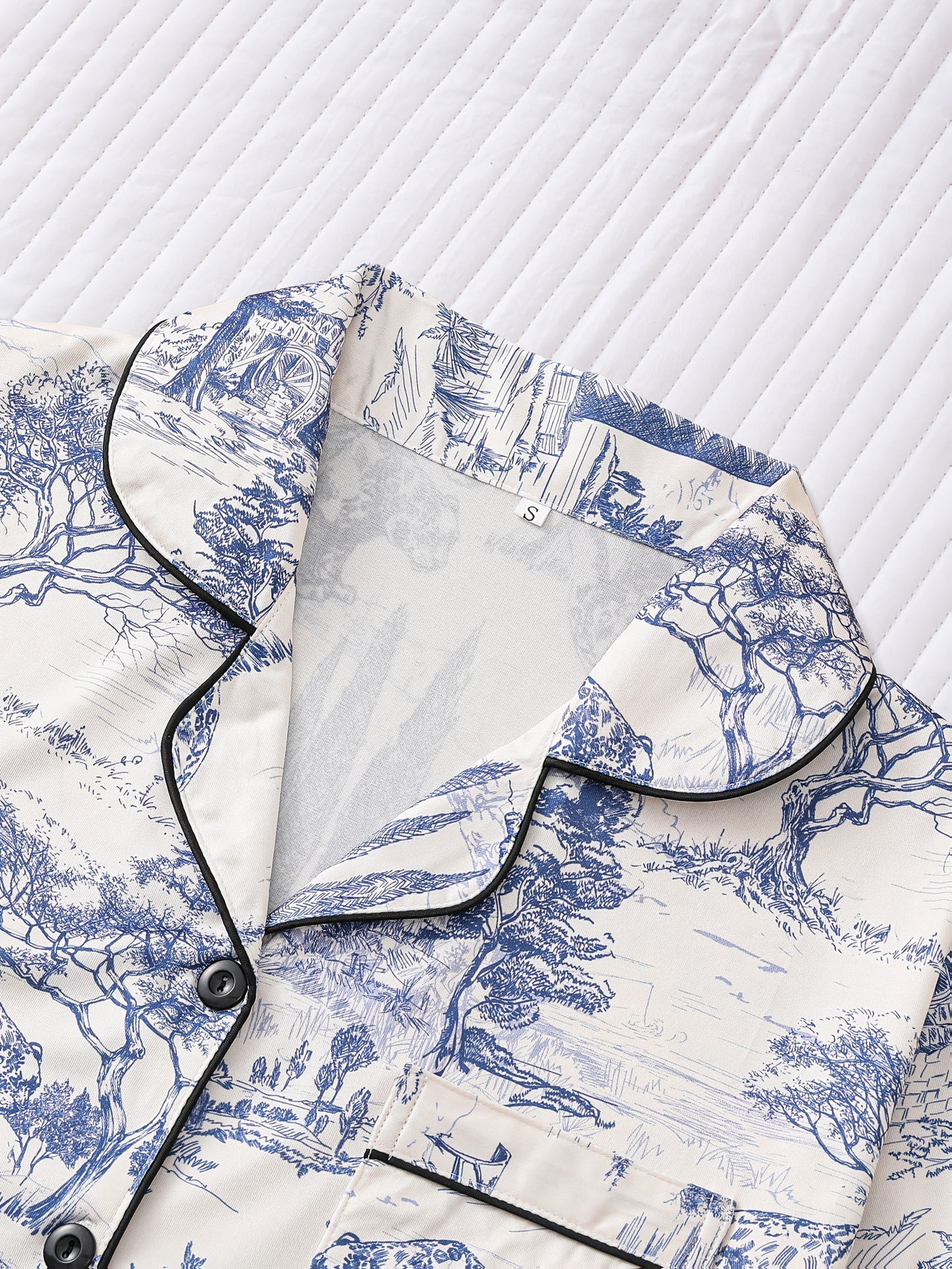 Elegant Women's Sleepwear Set In Two Pieces, Featuring Full Body Printed Patterns, Knitted Fabric, Long Sleeved Button Up Top, Paired with Long Pants for Comfortable Wearing, Collar And Pocket Details, Suitable for Women's Adult Sleepwear Set