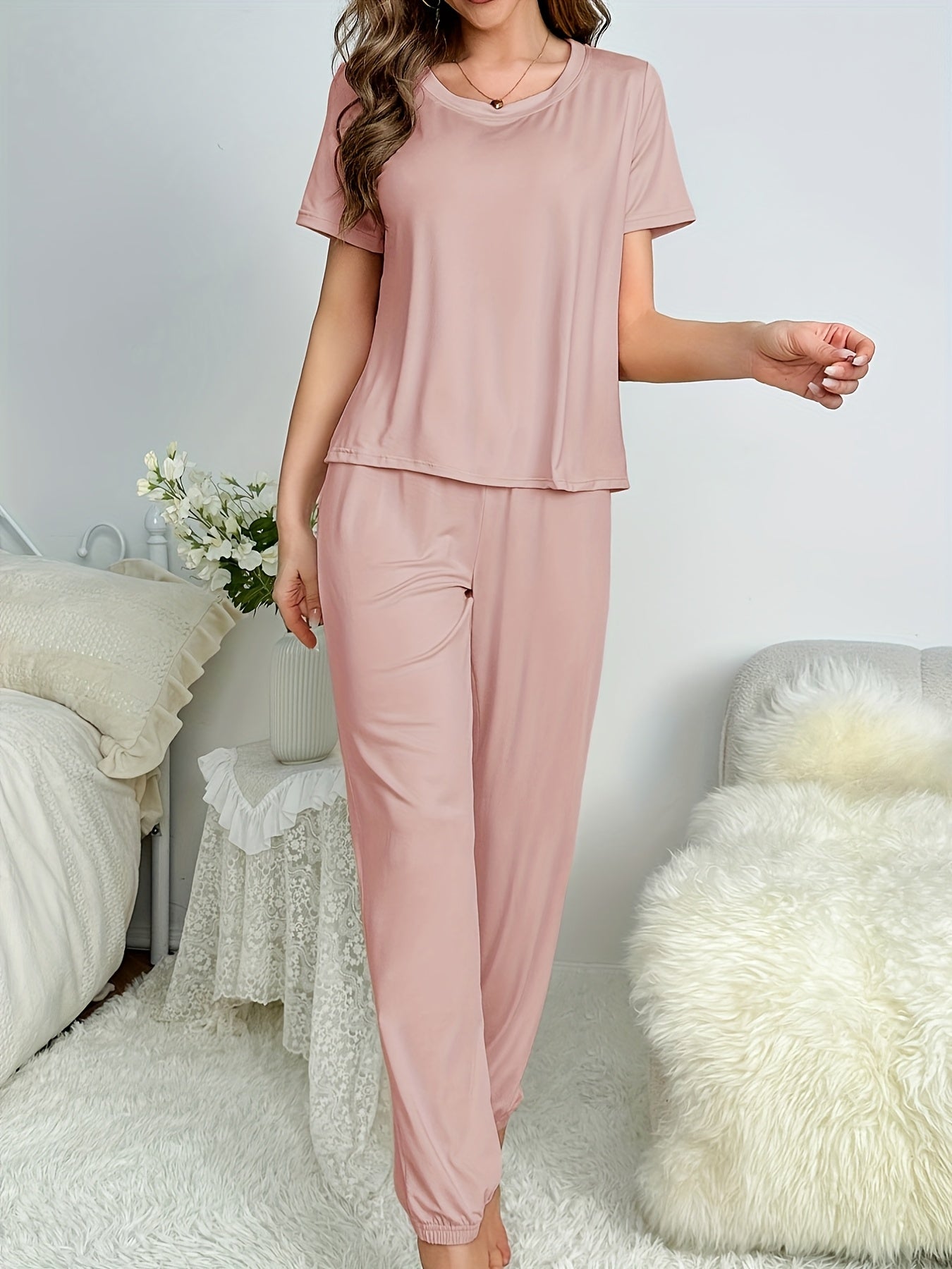 Ladies' New Style Four-piece Home Wear, Solid-color Simple Short-sleeved Top And Long Pants Set, Casual And Comfortable Pajamas