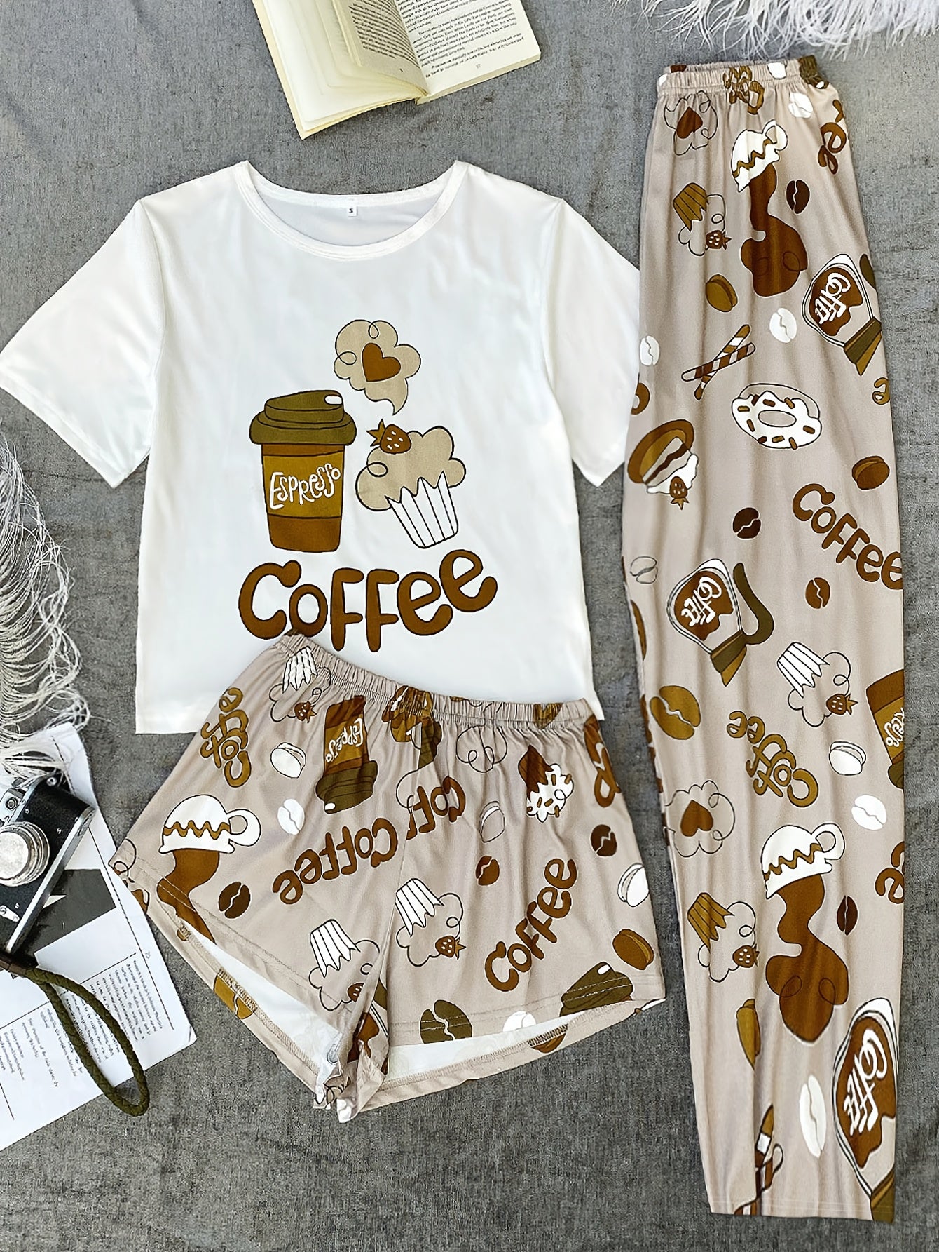 3pcs Women'S Pajama Set, Coffee, Slogan Print, Casual Round Neck, Polyester Knit, Comfortable All-Season Adult Sleepwear, Elegant Home Clothes