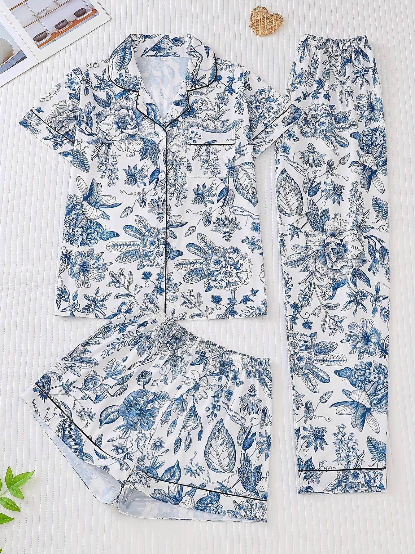 Three Piece Women'S Elegant Polyester Pajama Set, Fabric, Comfortable For All Seasons, Short Sleeved Button Top, Matching Shorts And Pants, With Full Body Printing And Pocket Details, Suitable For Adult Pajama Set