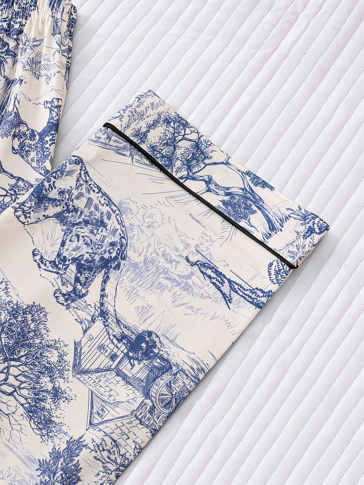 Elegant Women's Sleepwear Set In Two Pieces, Featuring Full Body Printed Patterns, Knitted Fabric, Long Sleeved Button Up Top, Paired with Long Pants for Comfortable Wearing, Collar And Pocket Details, Suitable for Women's Adult Sleepwear Set