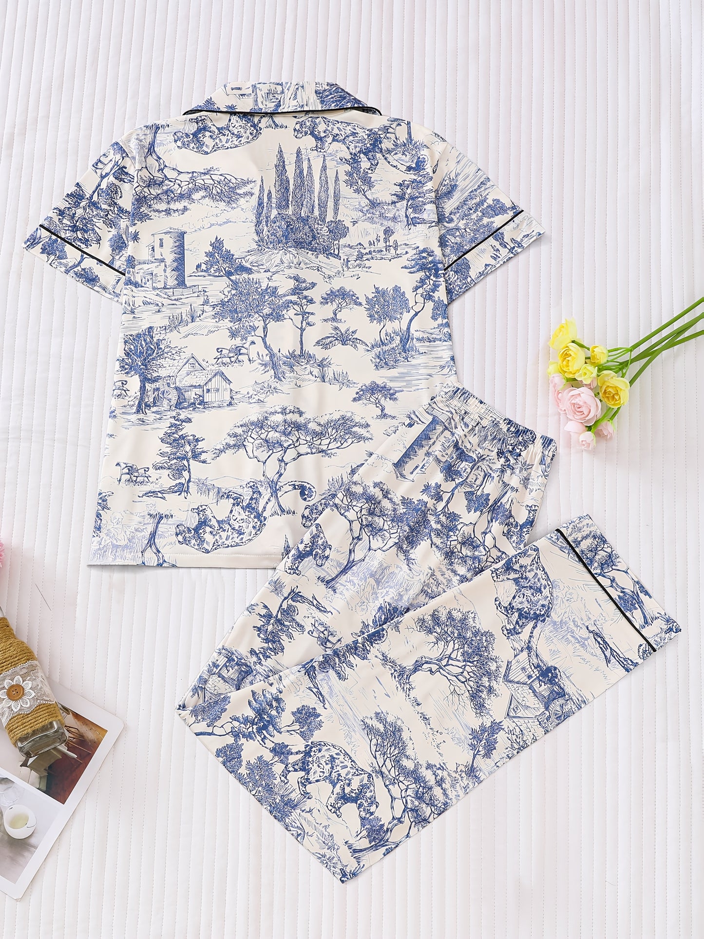 Elegant Women's Sleepwear Set In Two Pieces, Featuring Full Body Printed Patterns, Knitted Fabric, Long Sleeved Button Up Top, Paired with Long Pants for Comfortable Wearing, Collar And Pocket Details, Suitable for Women's Adult Sleepwear Set