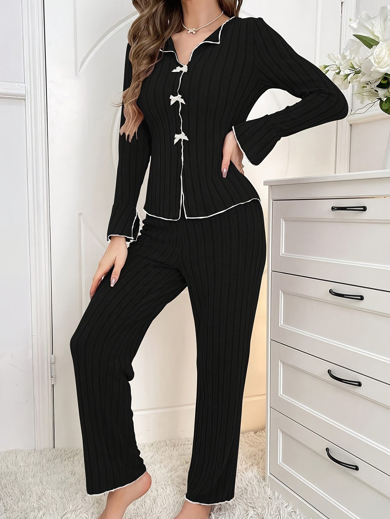 2 SETS Chic Solid Color Ribbed Lounge Set With Bow Detail - V-Neck Long Sleeve Top & Pants, Machine Washable - Women'S Fashion, Plus Size Clothing Set - For Cozy Loungewear & Relaxation
