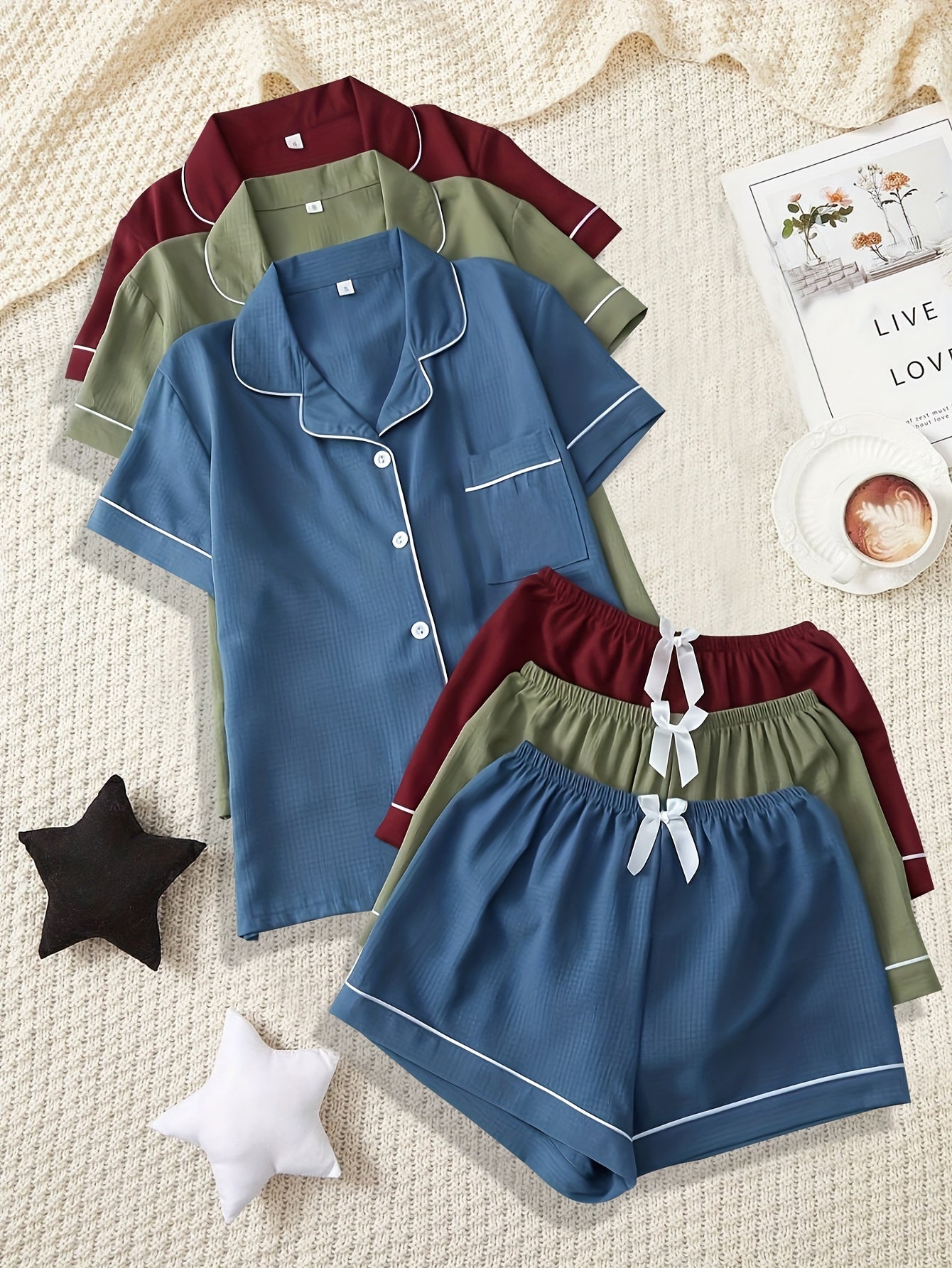 Three-Piece Pajama Set for Women with a Collar, Short Sleeves, And Shorts, Featuring a Heart Bow Design for Casual Home Wear.