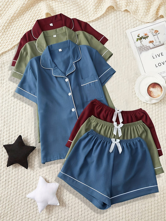 Three-Piece Pajama Set for Women with a Collar, Short Sleeves, And Shorts, Featuring a Heart Bow Design for Casual Home Wear.