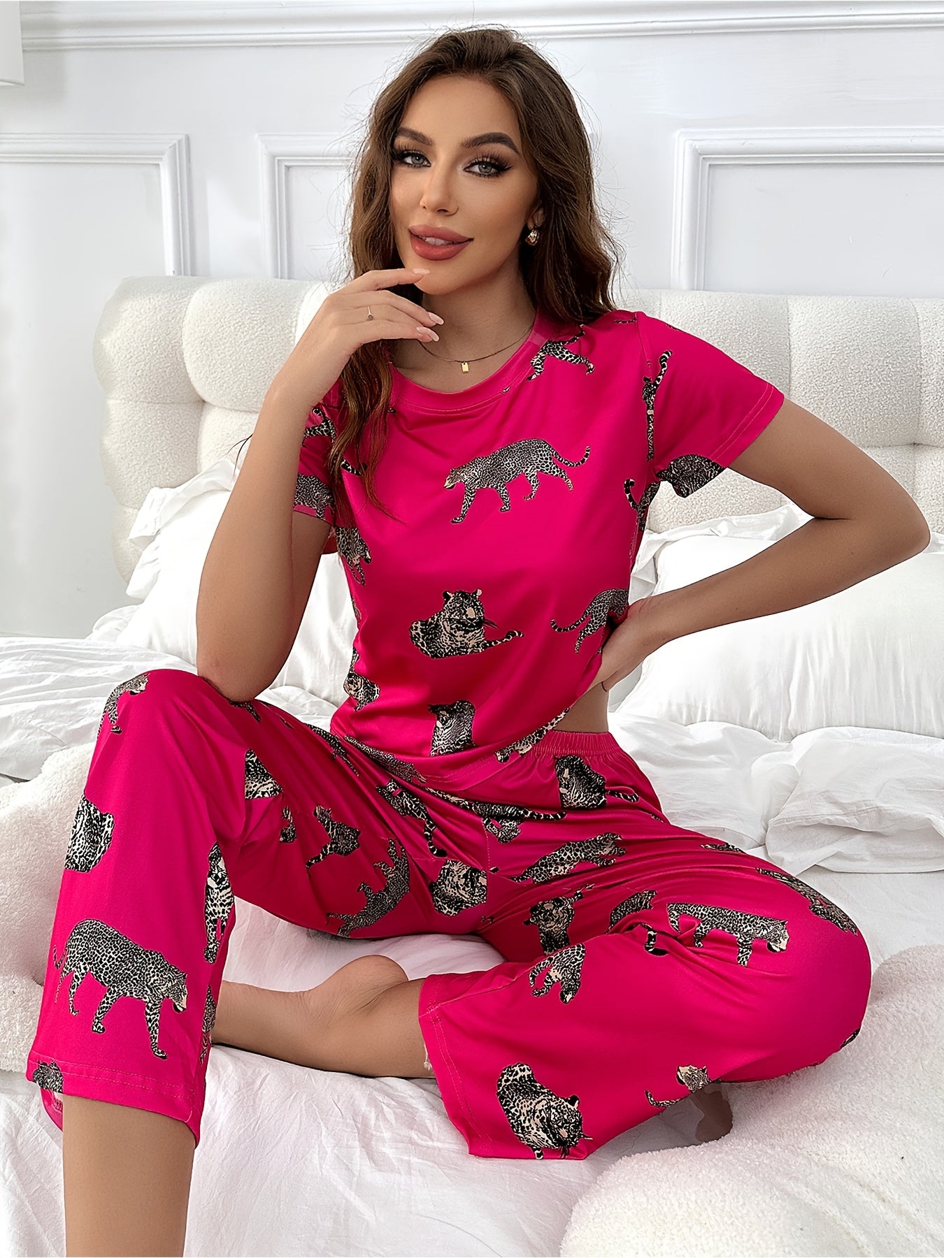 Spring, Summer and Autumn Winter Women's Pajamas Cartoon Animal Tiger Short Sleeve Long Pants Home Clothes Set
