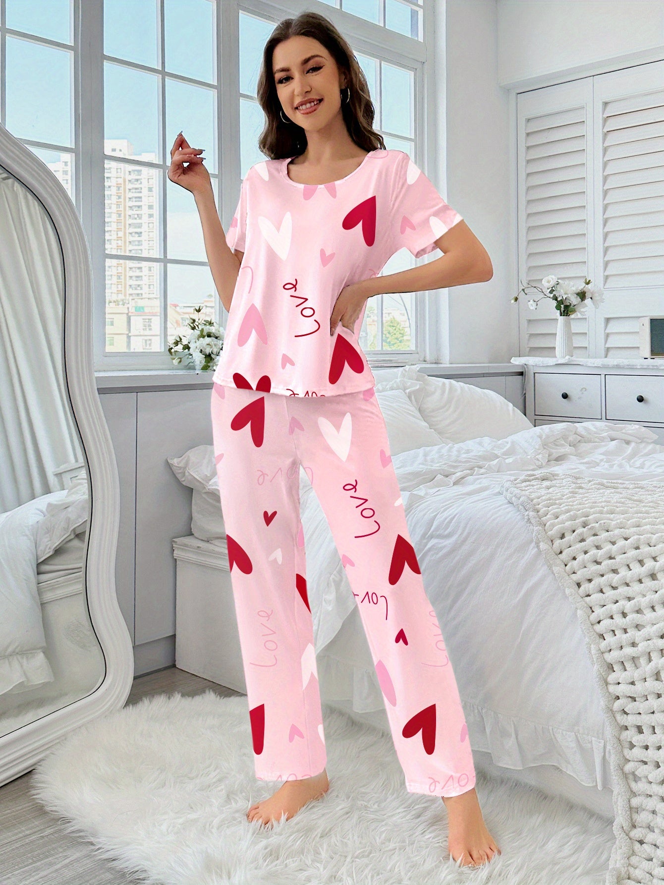 3 Sets of 6pcs, Women'S Casual Polyester White, Pink Top And Long Pants Pajama Set, Heart, Butterfly Print, Fabric, Short Sleeve Top with Trousers Comfortable Home Casual Loungewear Sexy Can Be Worn Outside