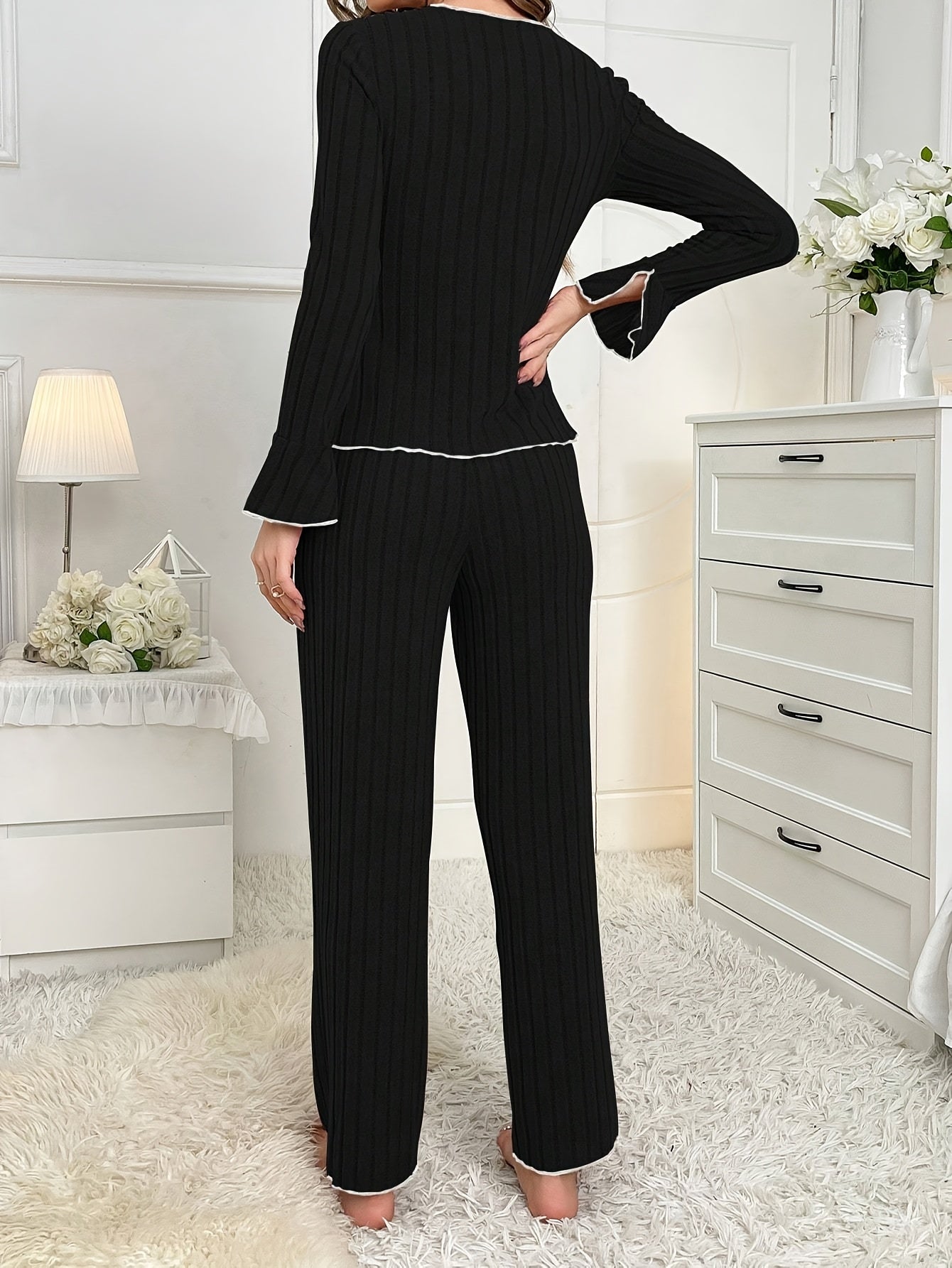 2 SETS Chic Solid Color Ribbed Lounge Set With Bow Detail - V-Neck Long Sleeve Top & Pants, Machine Washable - Women'S Fashion, Plus Size Clothing Set - For Cozy Loungewear & Relaxation