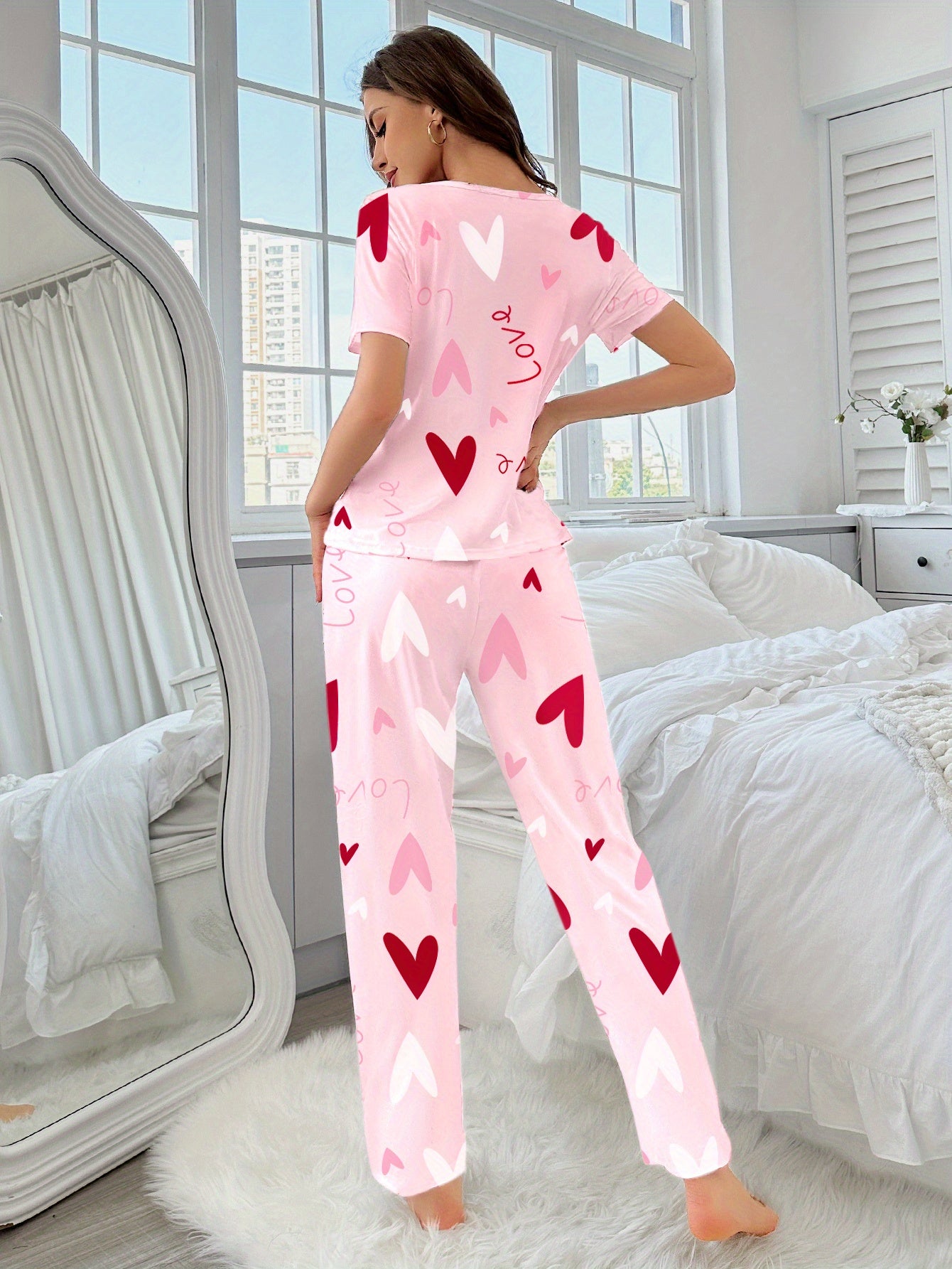 3 Sets of 6pcs, Women'S Casual Polyester White, Pink Top And Long Pants Pajama Set, Heart, Butterfly Print, Fabric, Short Sleeve Top with Trousers Comfortable Home Casual Loungewear Sexy Can Be Worn Outside