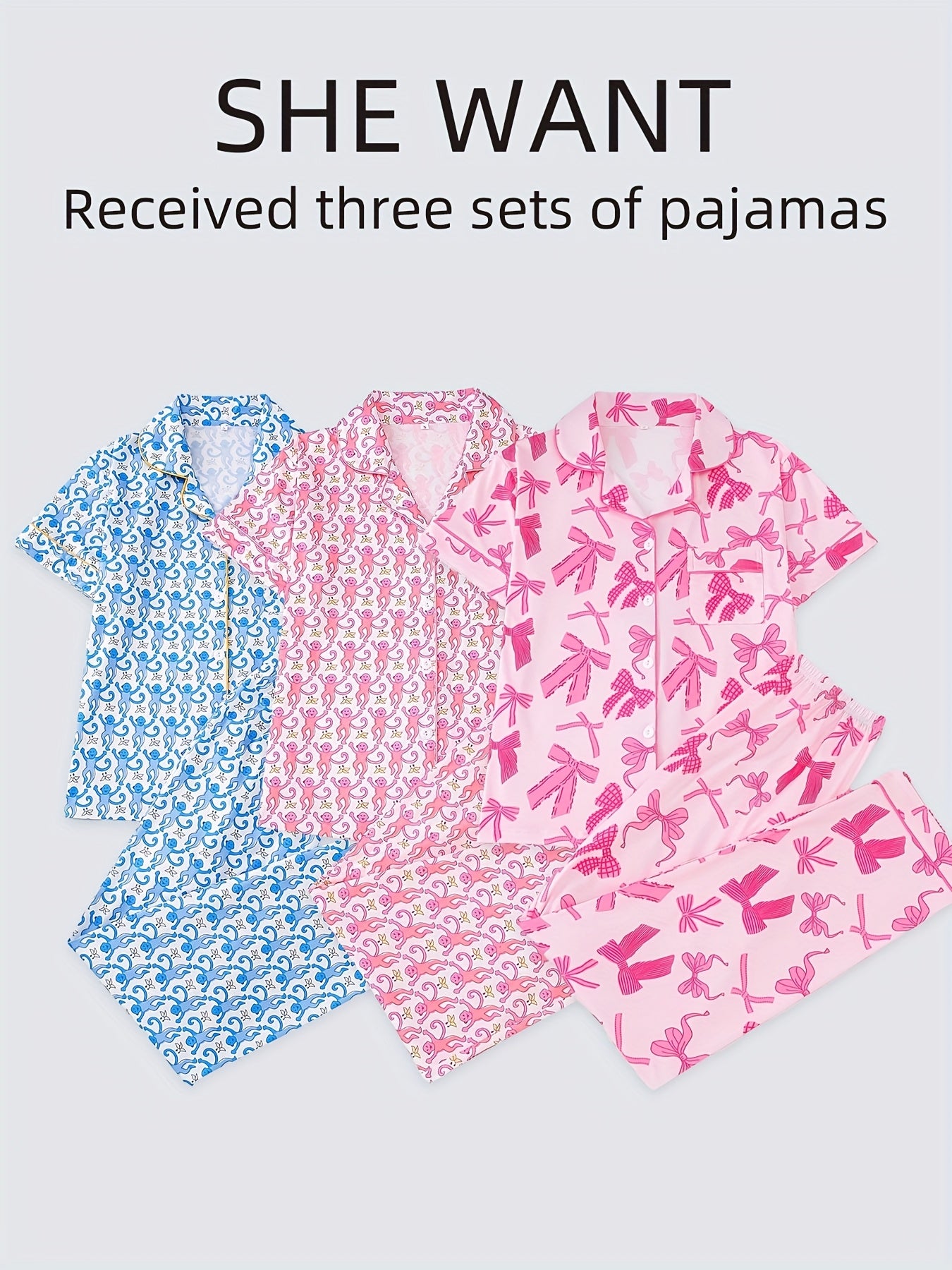 Three Sets Of Women'S Pajamas Set, Women'S Pajamas Set Combination, Knitted Fabric, Short Sleeved Button Top And Matching Pants, Full Body Print, Collar And Pocket Details, Suitable For ' Adult Pajamas Set